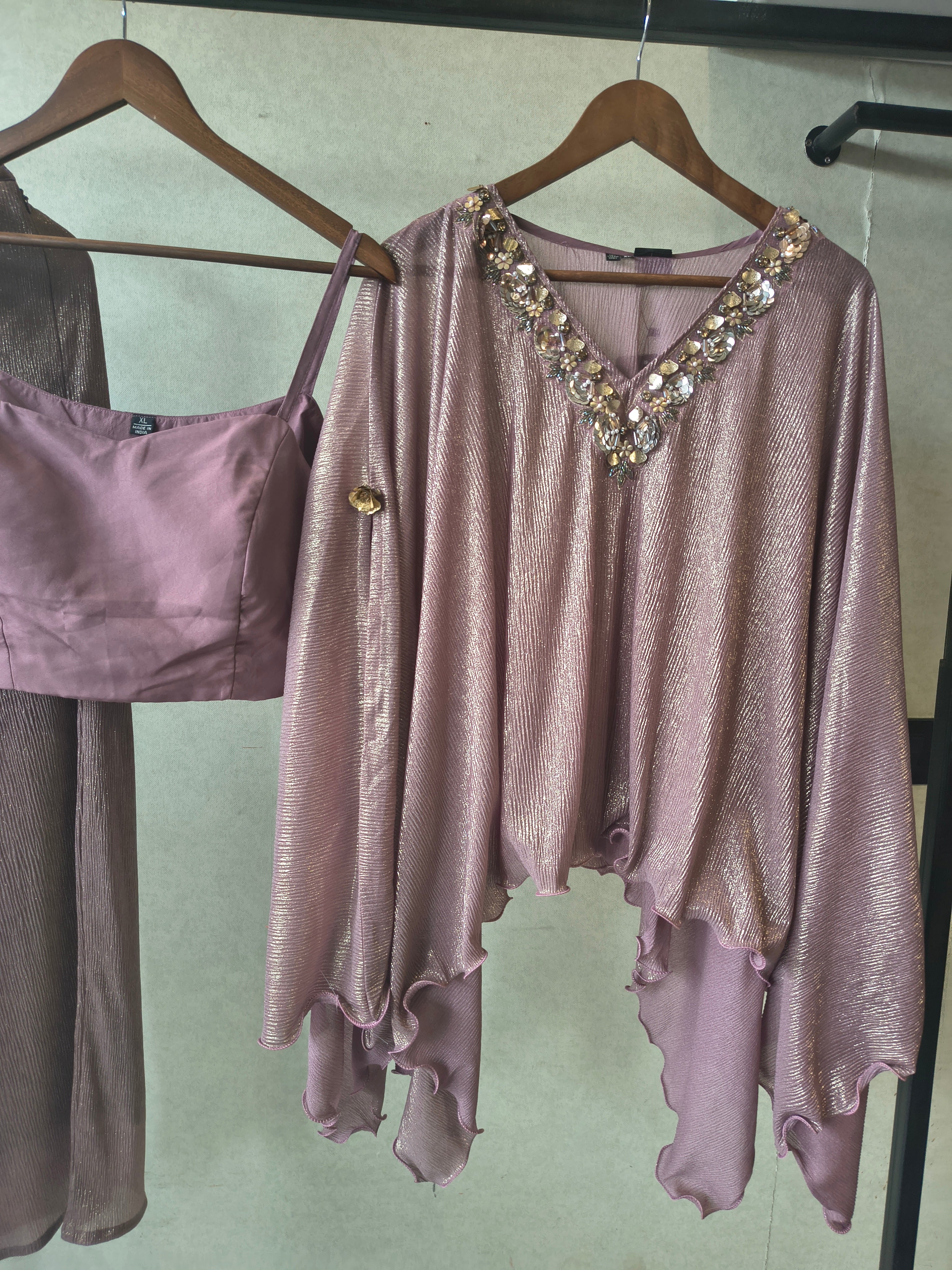 Image of Premium Rose Gold Shimmer Kaftan Co-Ord Set with Hand Embellished Cape & Straight Pants