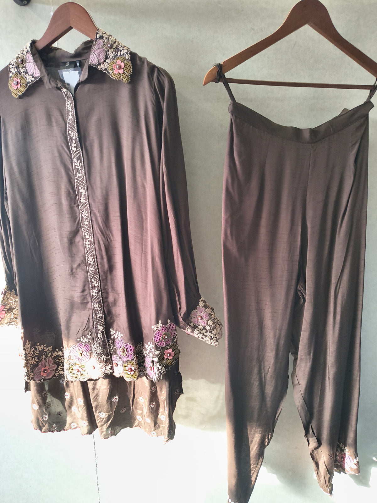 Chocolate Brown Designer Embroidered Co-Ord Set with 3D Floral Appliqué & Organza Hem