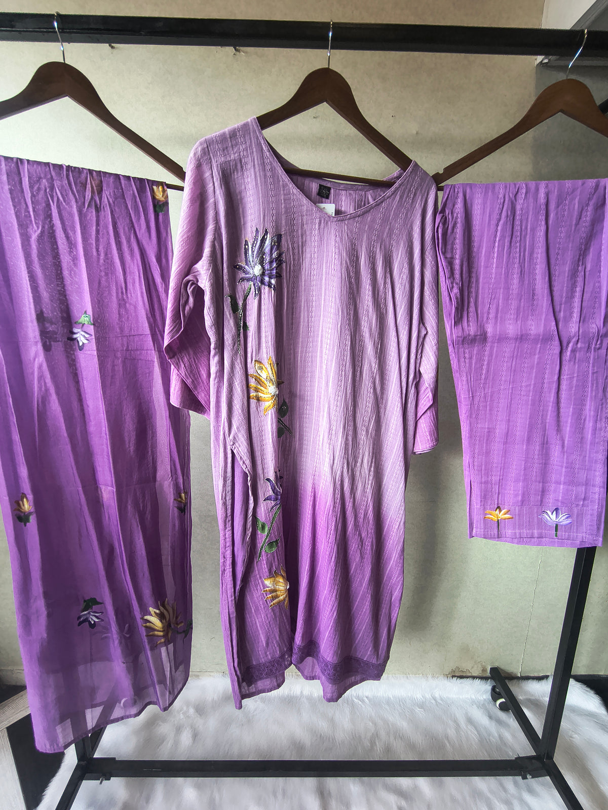 Premium Lavender Embroidered Straight Kurta Set with Floral Dupatta & Straight Pants