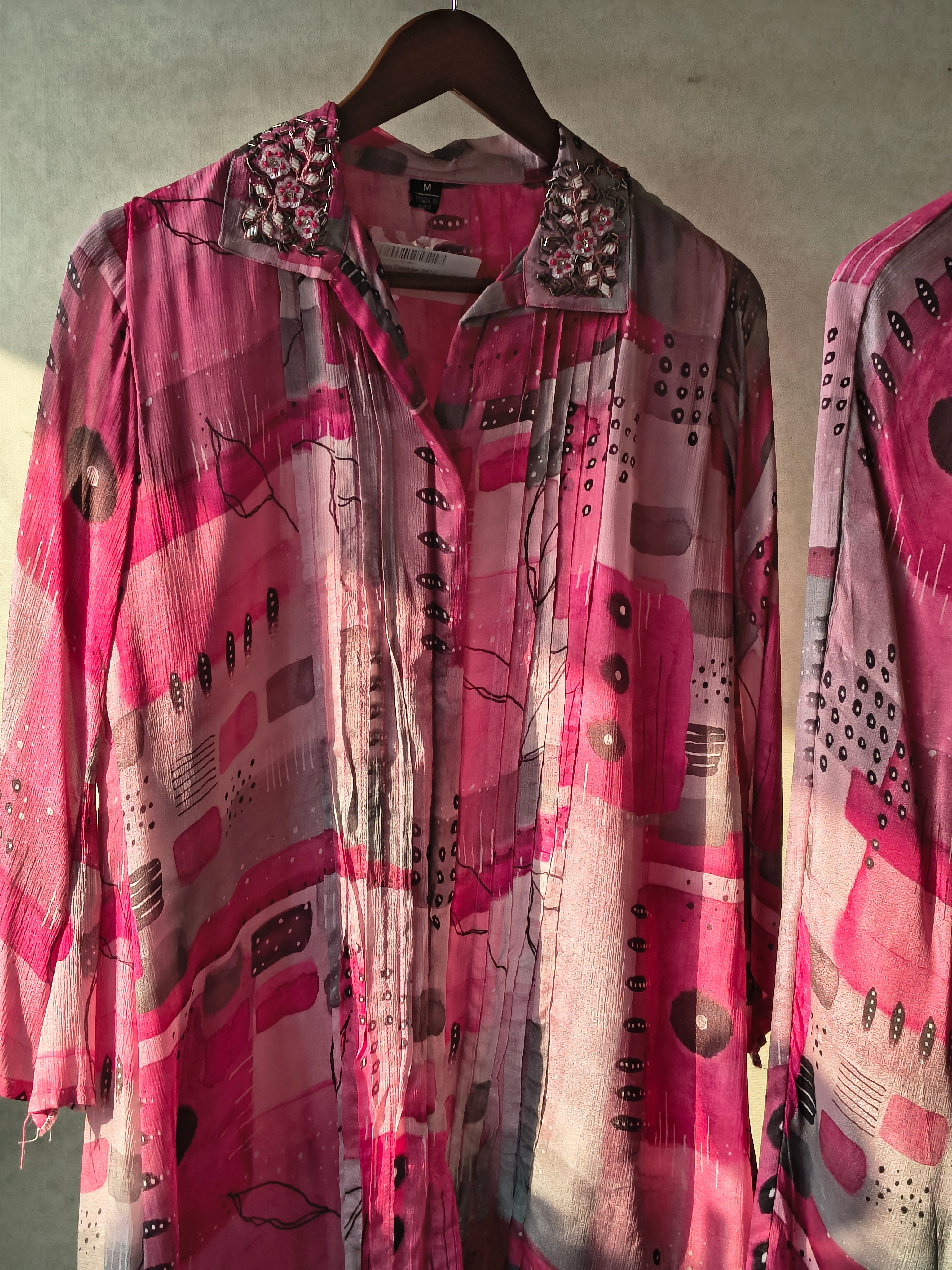 Image of Premium Embellished Abstract Printed Oversized Shirt Co-Ord Set with Tapered Pants