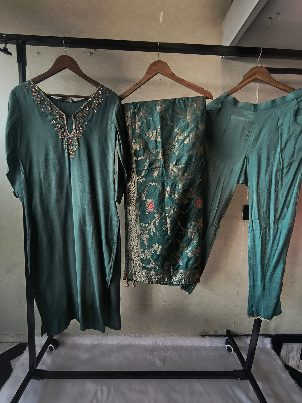 Premium Teal Silk Blend Embroidered Kurta Set with Woven Dupatta & Straight Pants