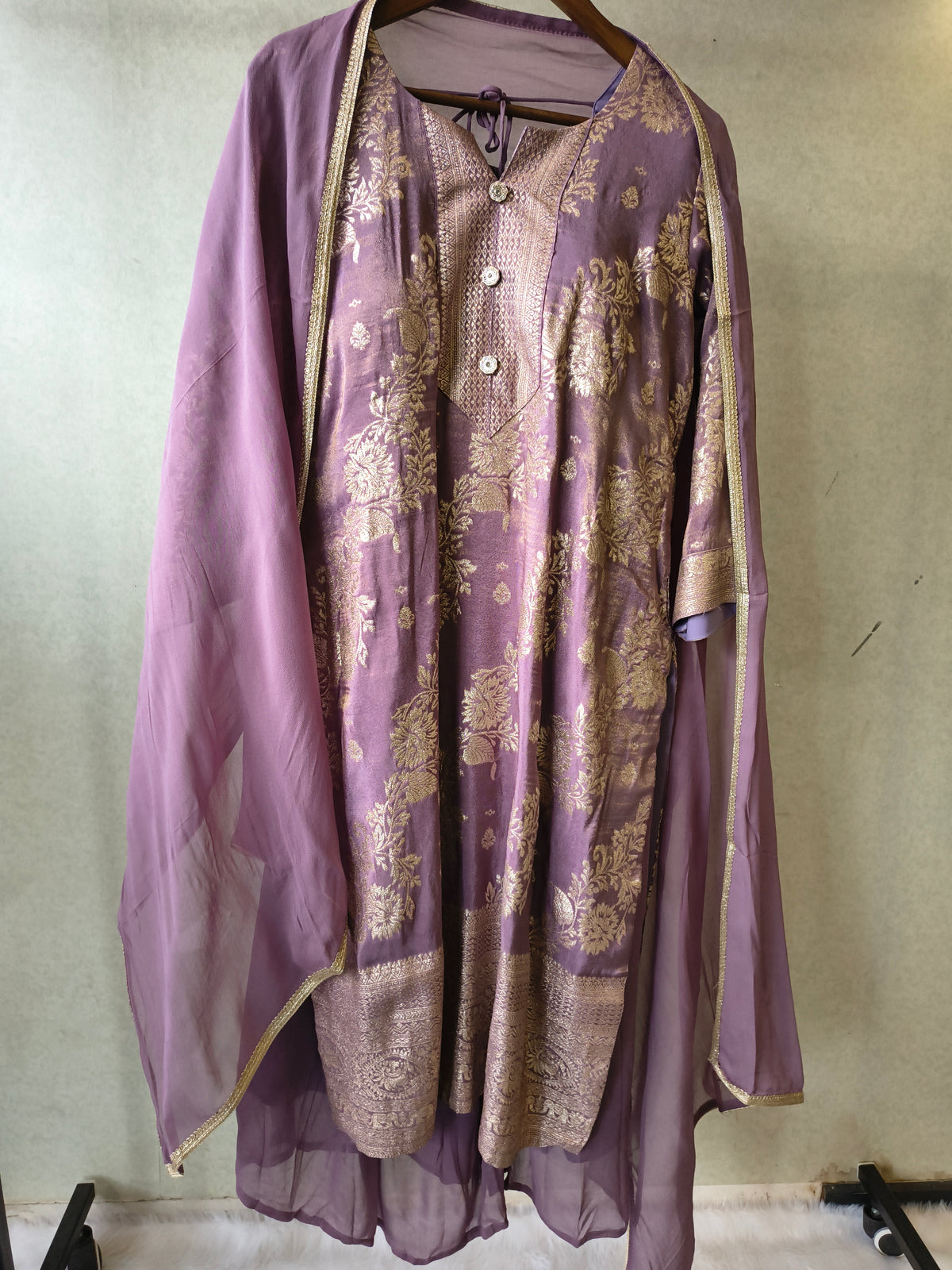 Premium Lavender Jacquard Straight Kurta with Georgette Sharara & Dupatta Set