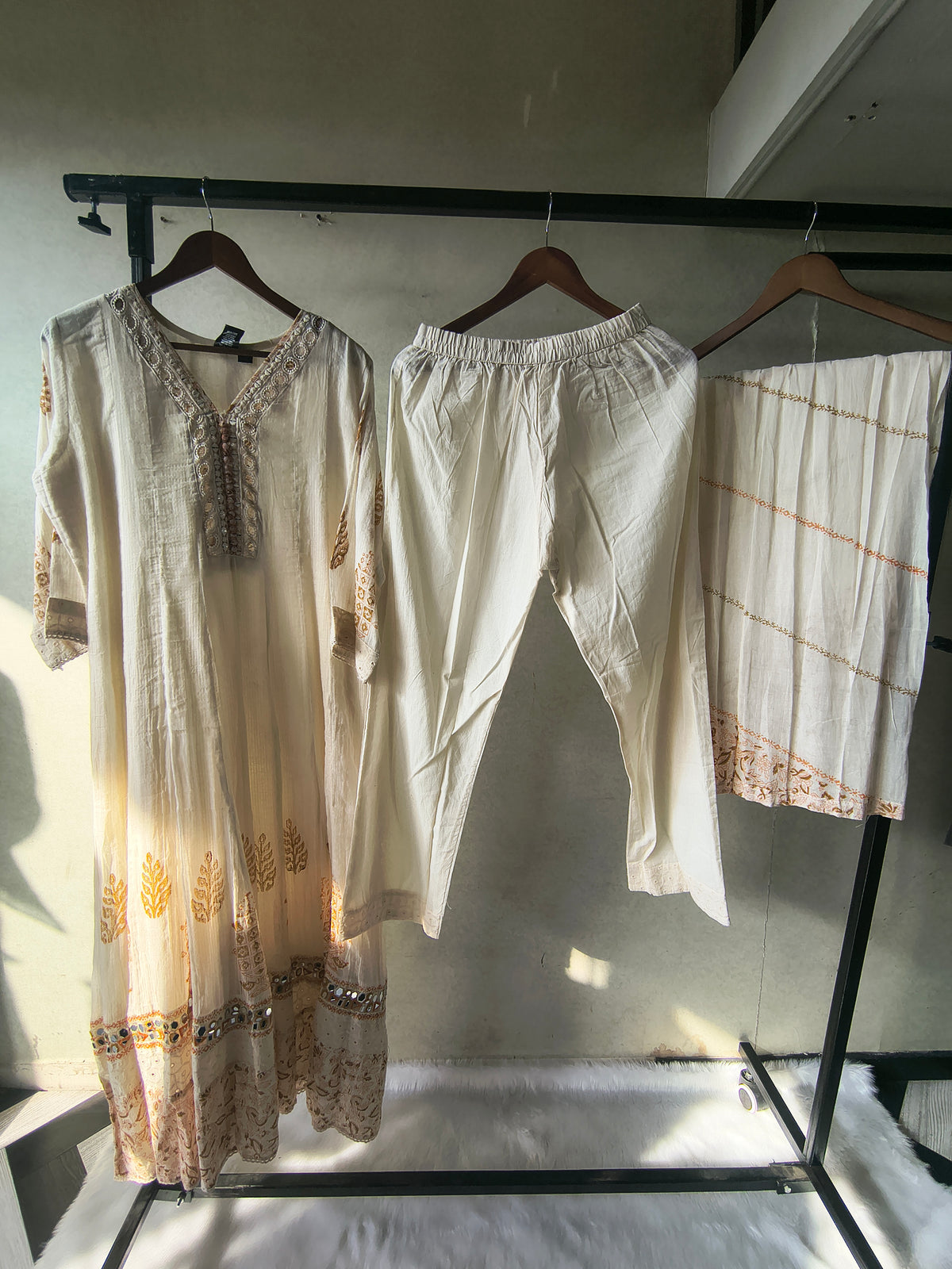 Premium Ivory Embroidered Anarkali Kurta Set with Mirror Work & Cotton Dupatta