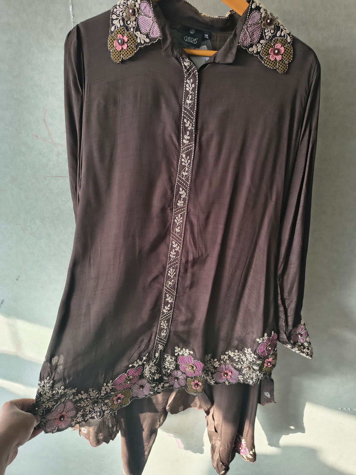 Chocolate Brown Designer Embroidered Co-Ord Set with 3D Floral Appliqué & Organza Hem