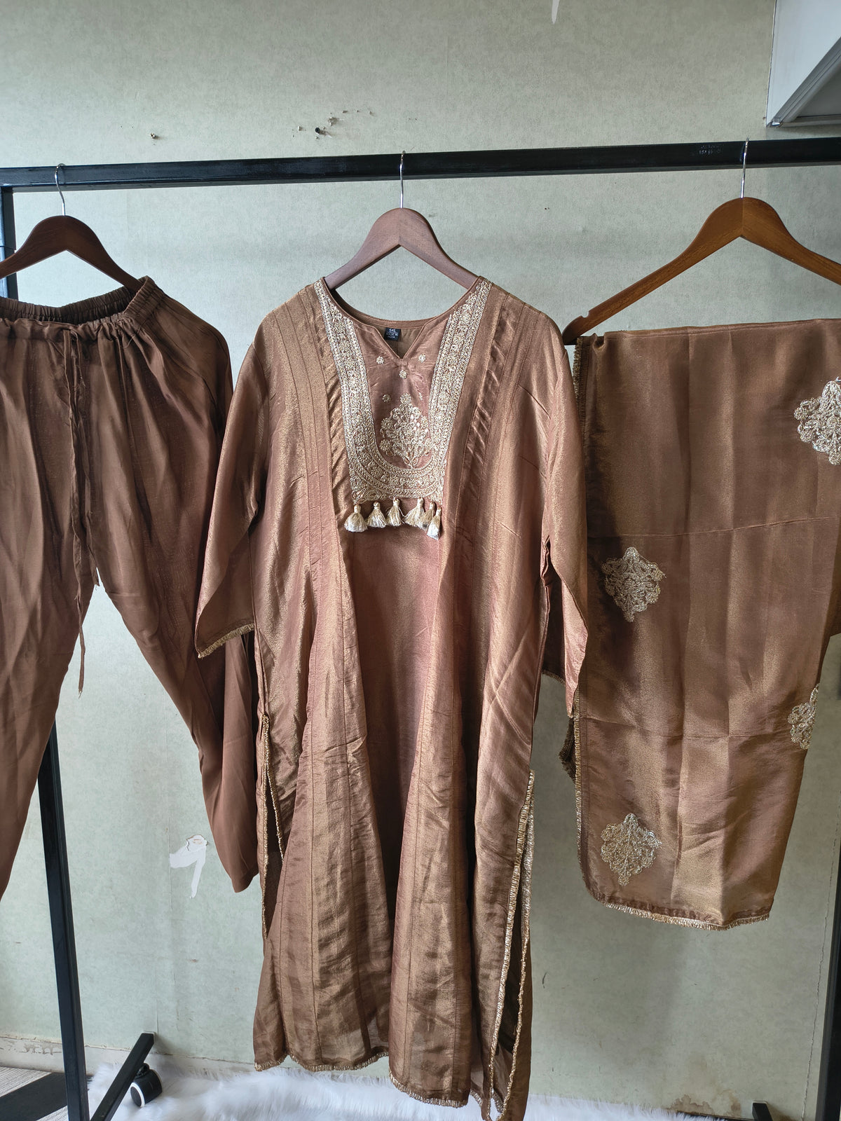 Premium Copper Brown Embroidered A-Line Kurta Set with Dupatta