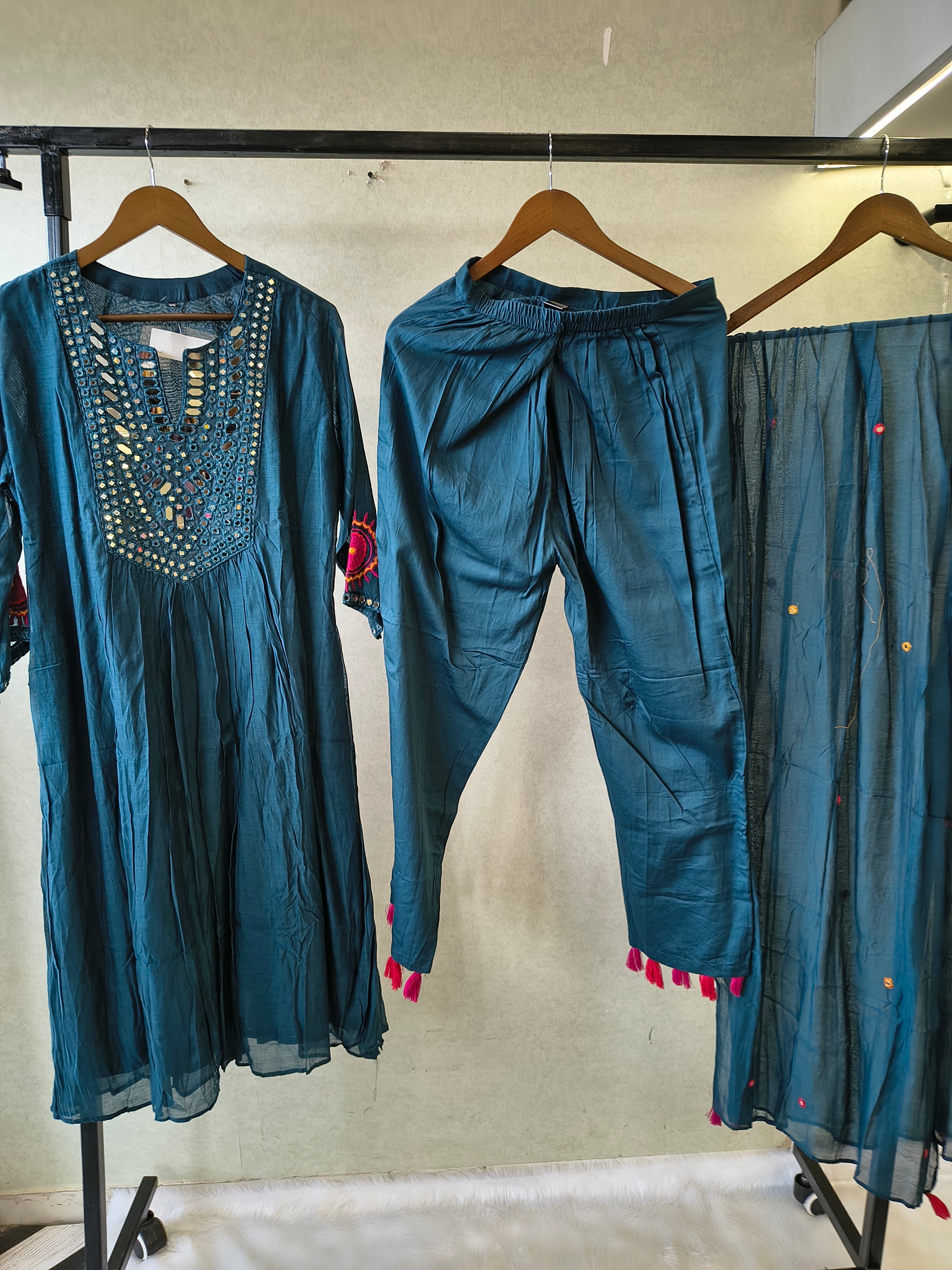 Image of Teal Blue Mirror Work Embroidered Kurta Set with Dupatta | Premium 3 Piece Ethnic Suit