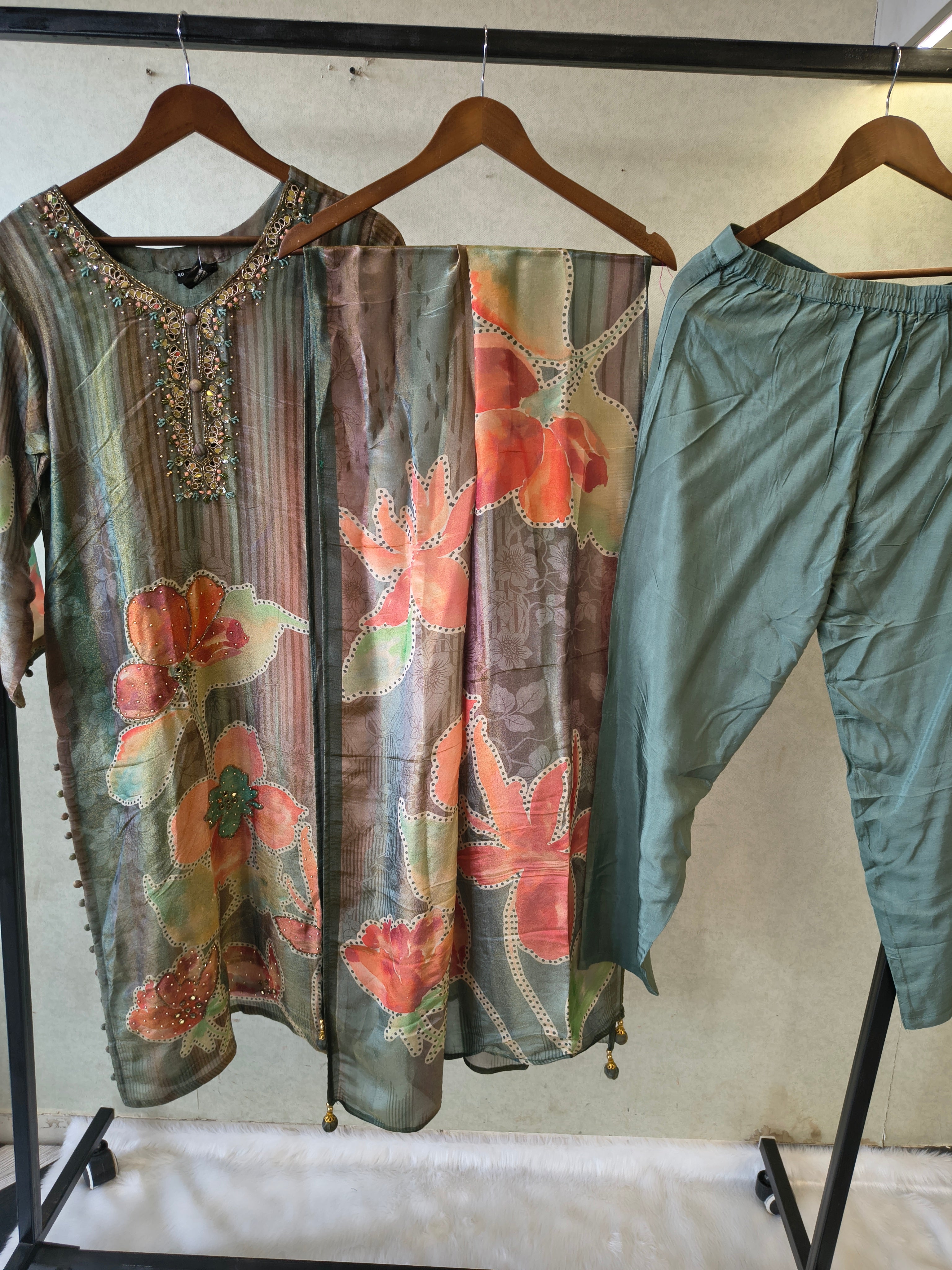 Image of Sage Green Floral Printed Designer Kurta Set with Embellished Neck & Printed Dupatta | Premium 3 Piece Ethnic Suit