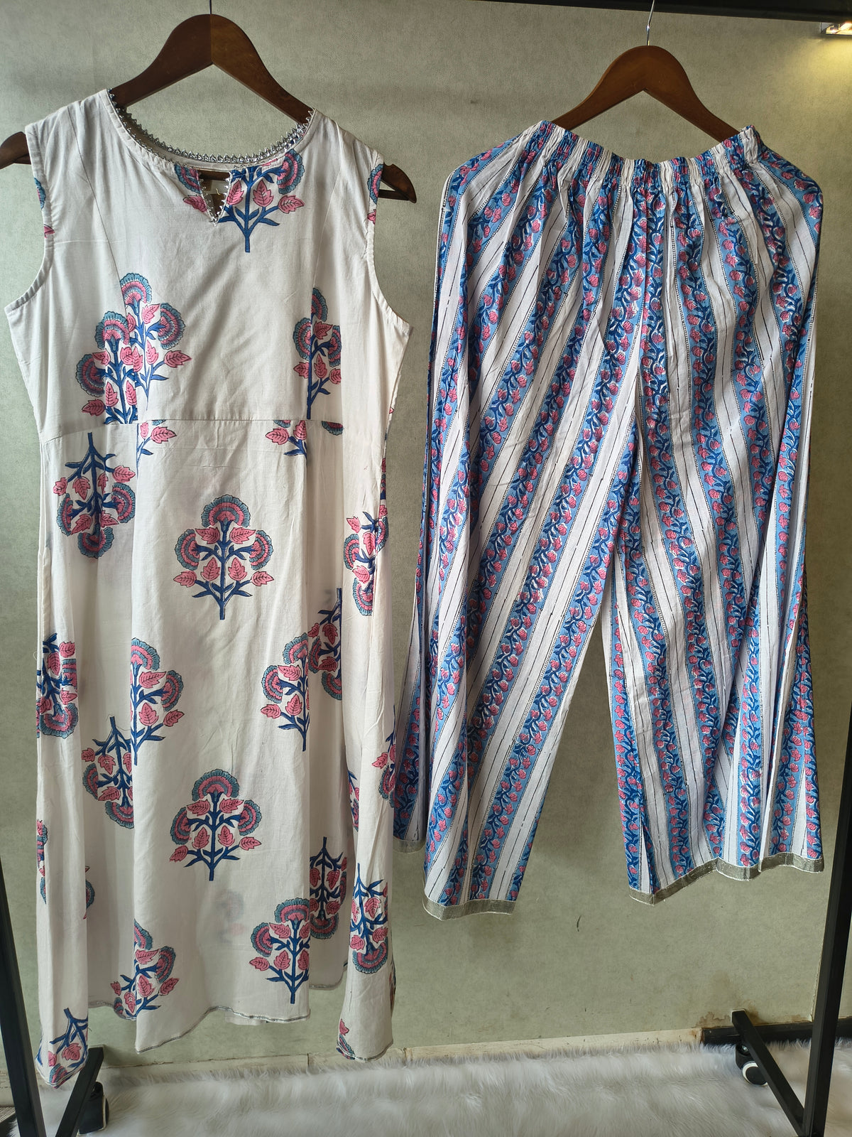 Premium Ivory Floral Block Print Sleeveless Kurta with Printed Palazzo Pants Co-Ord Set