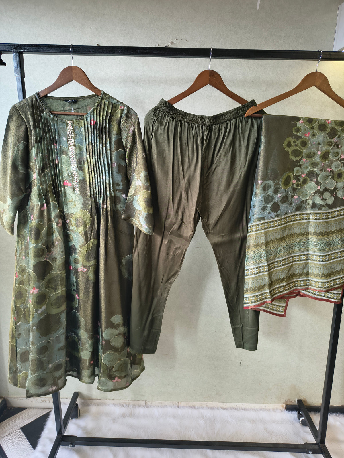 Premium Olive Green Abstract Printed A-Line Kurta Set with Dupatta