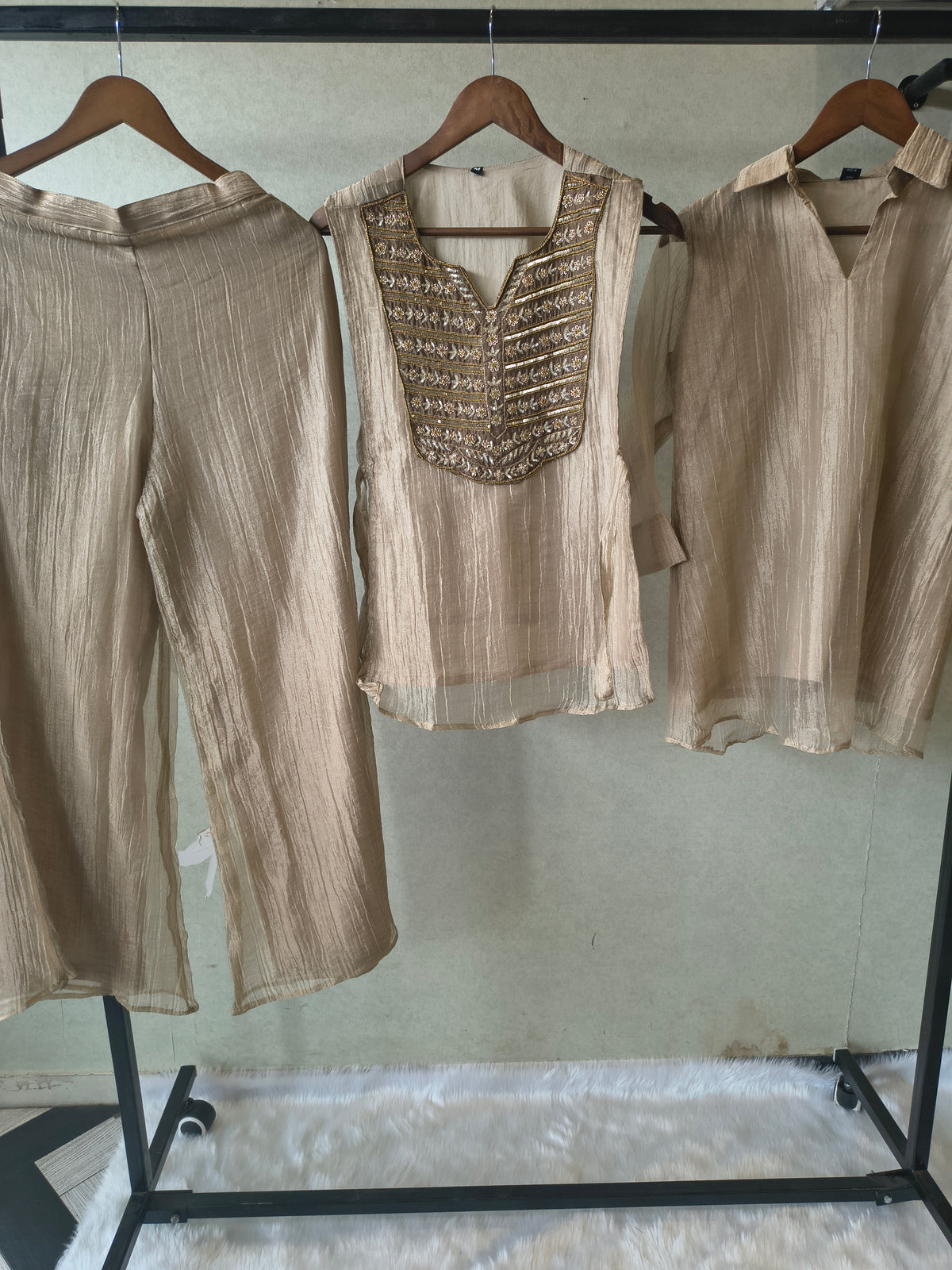 Premium Champagne Gold Tissue Silk 3-Piece Co-Ord Set with Antique Zari Embroidered Jacket, Inner & Palazzo