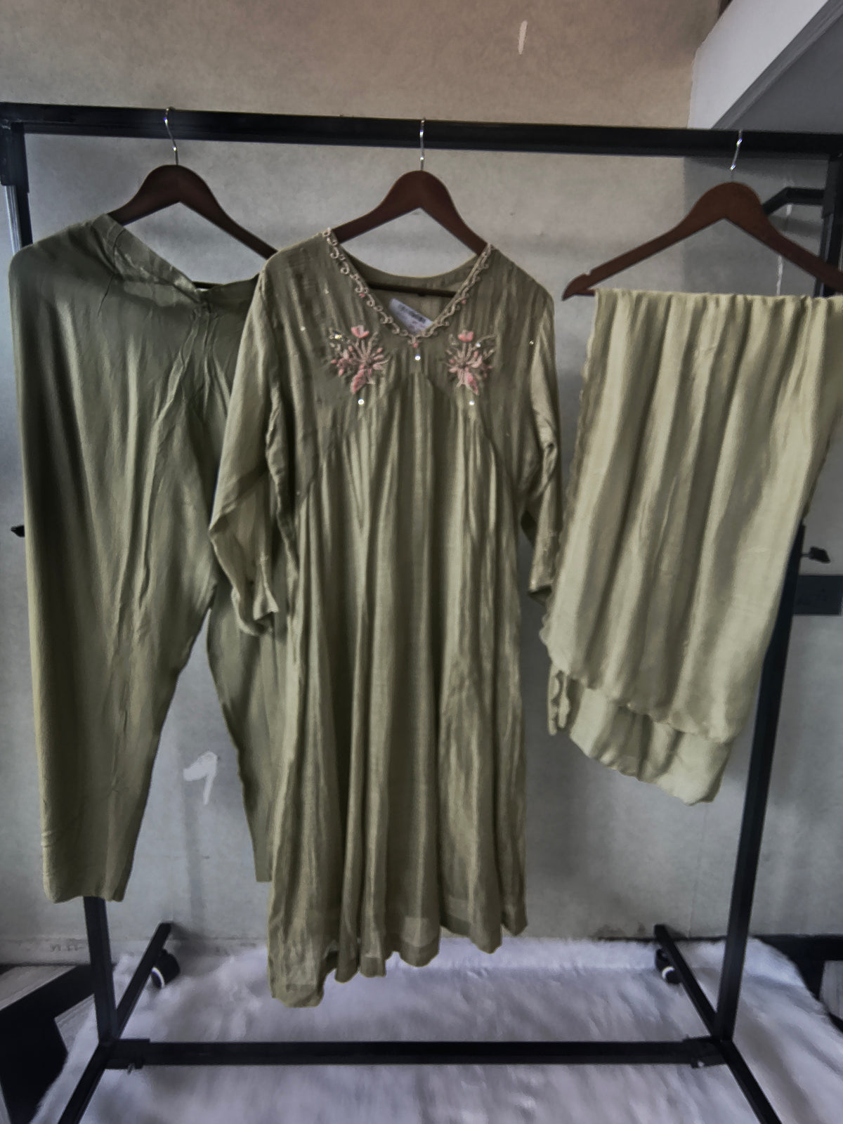 Premium Olive Green Embroidered A-Line Kurta Set with Dupatta