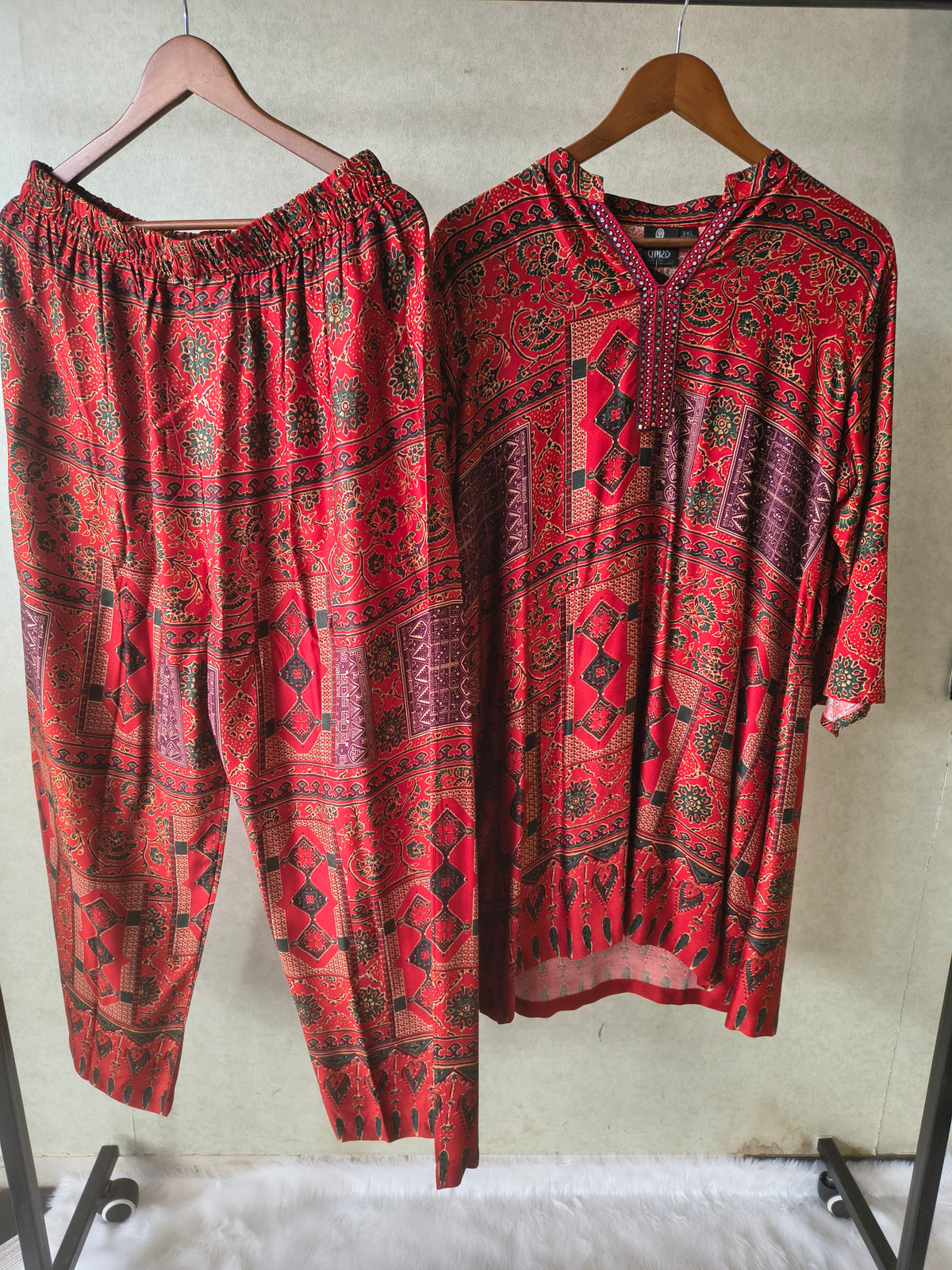 Premium Rust Red Tribal Print Co-Ord Kurta Set with Straight Pants