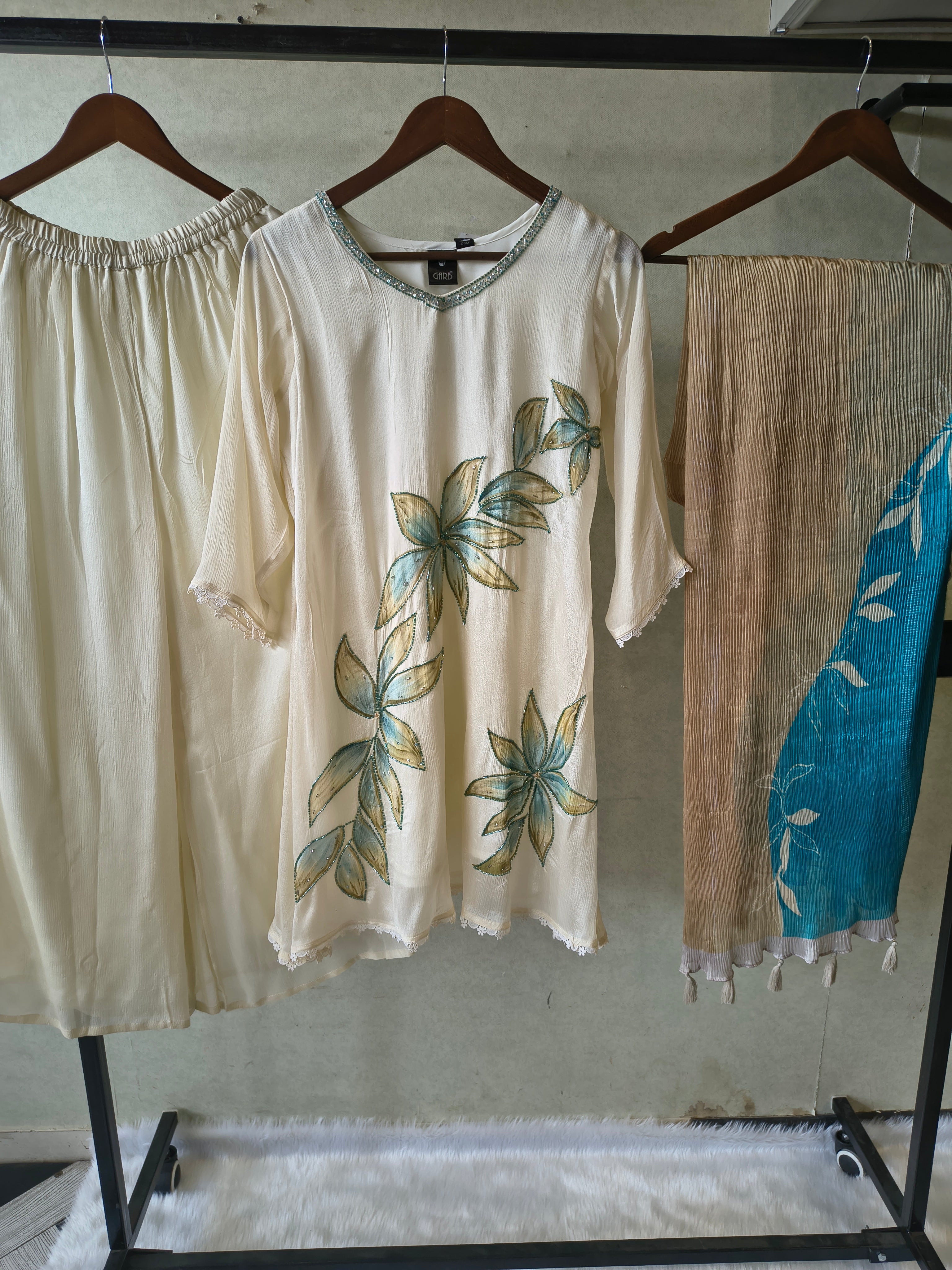 Image of Ivory Floral Hand-Painted Three-Piece Kurta Set with Palazzo & Ombre Dupatta