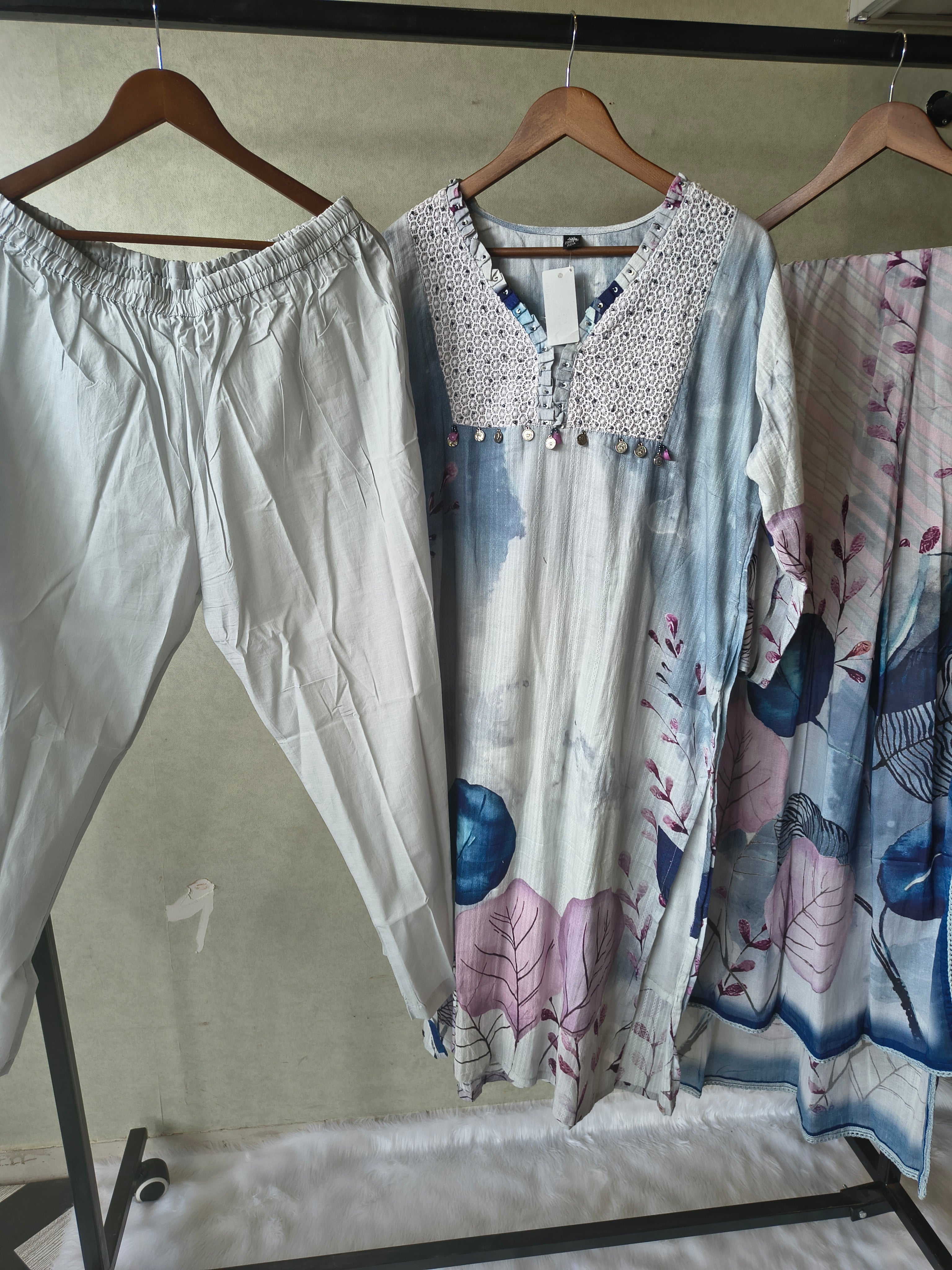 Image of Premium Ice Blue Floral Printed Straight Kurta Set with Crochet Yoke, Straight Pants & Designer Dupatta