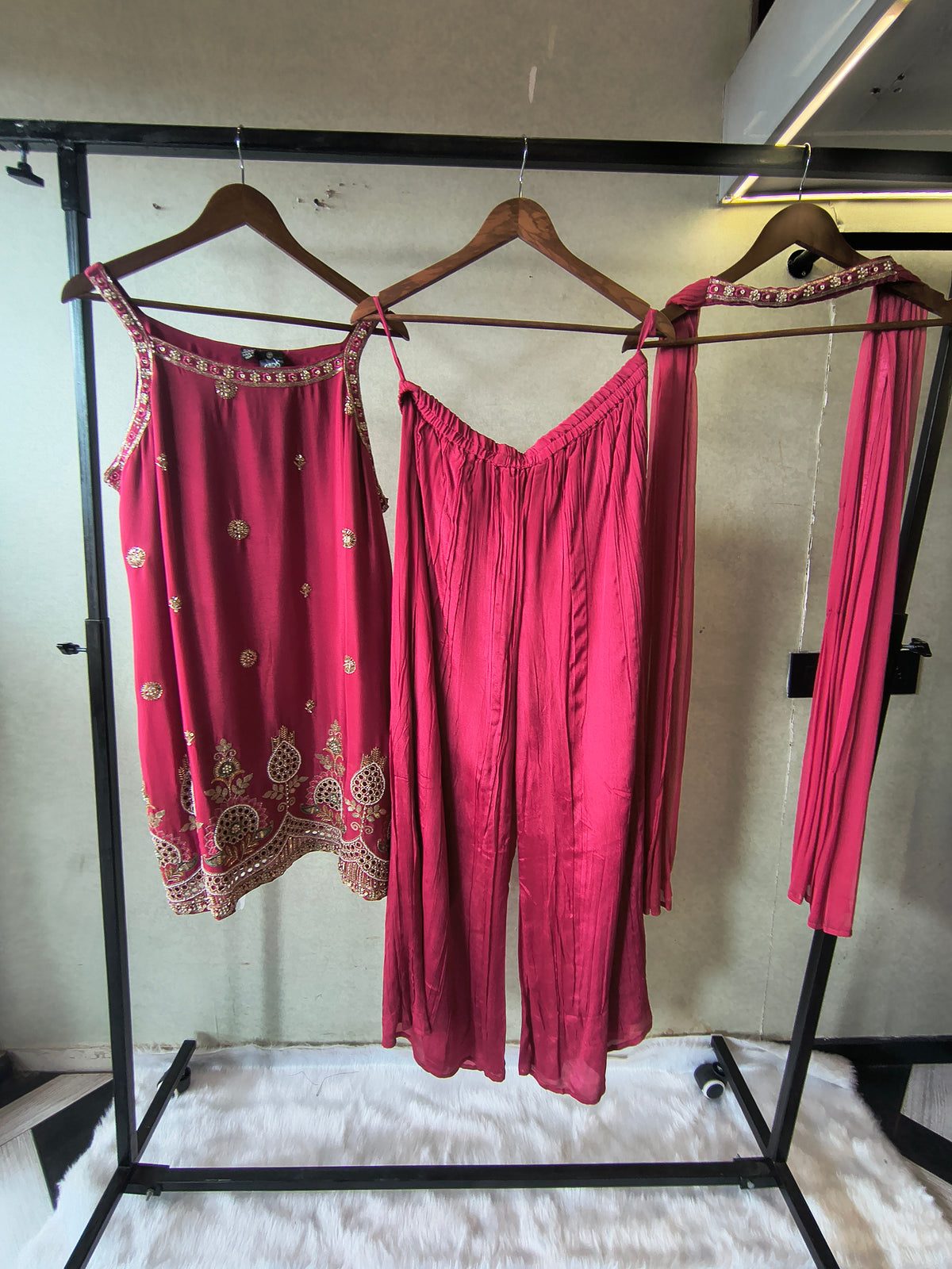 Rani Pink Hand Embroidered Kurta Set with Designer Palazzo & Embellished Dupatta – Premium 3 Piece Festive Ensemble