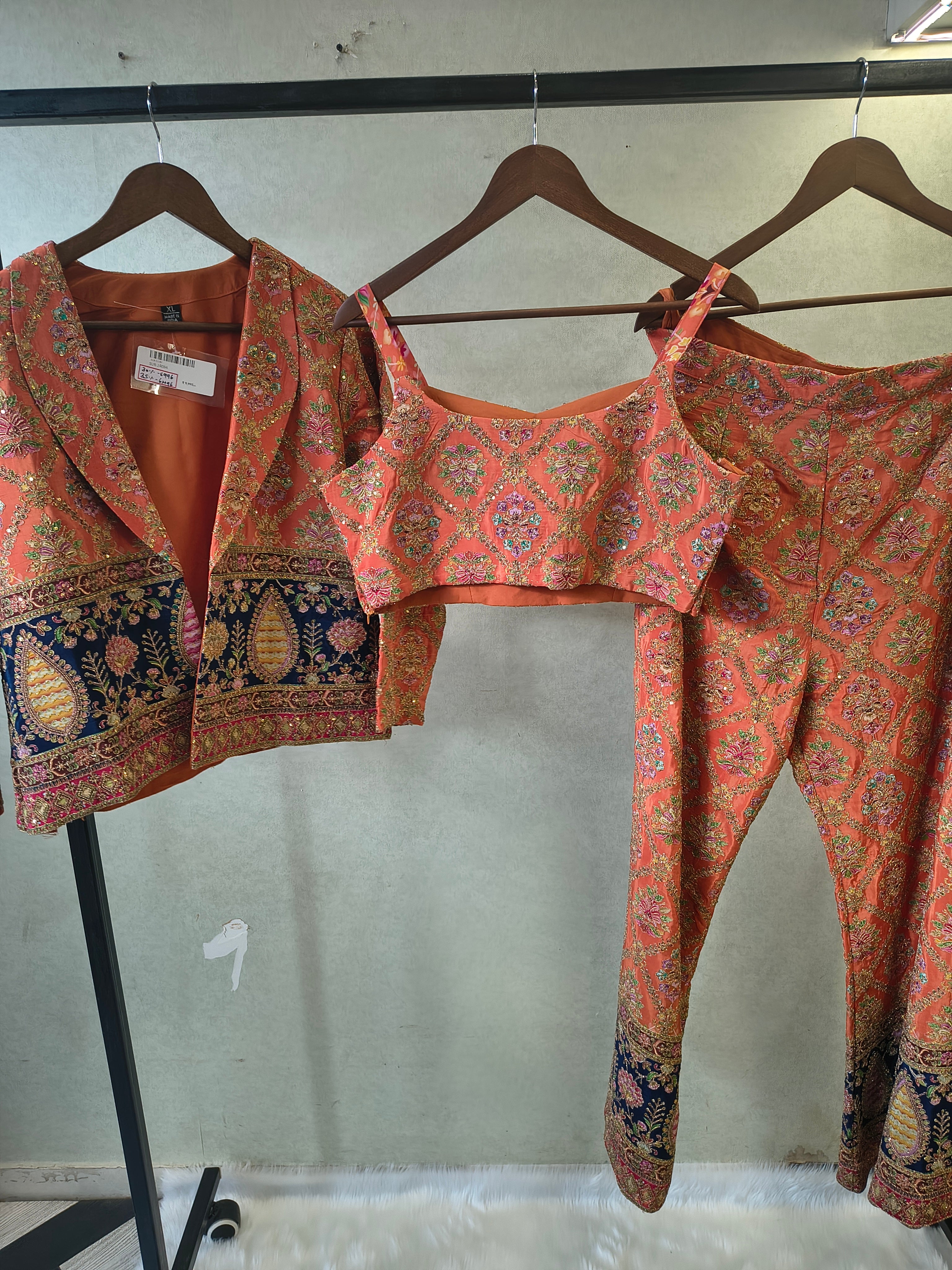Image of Luxury Coral Brocade Bralette with Embroidered Jacket & Designer Brocade Pants – 3 Piece Indo-Western Co-Ord Set