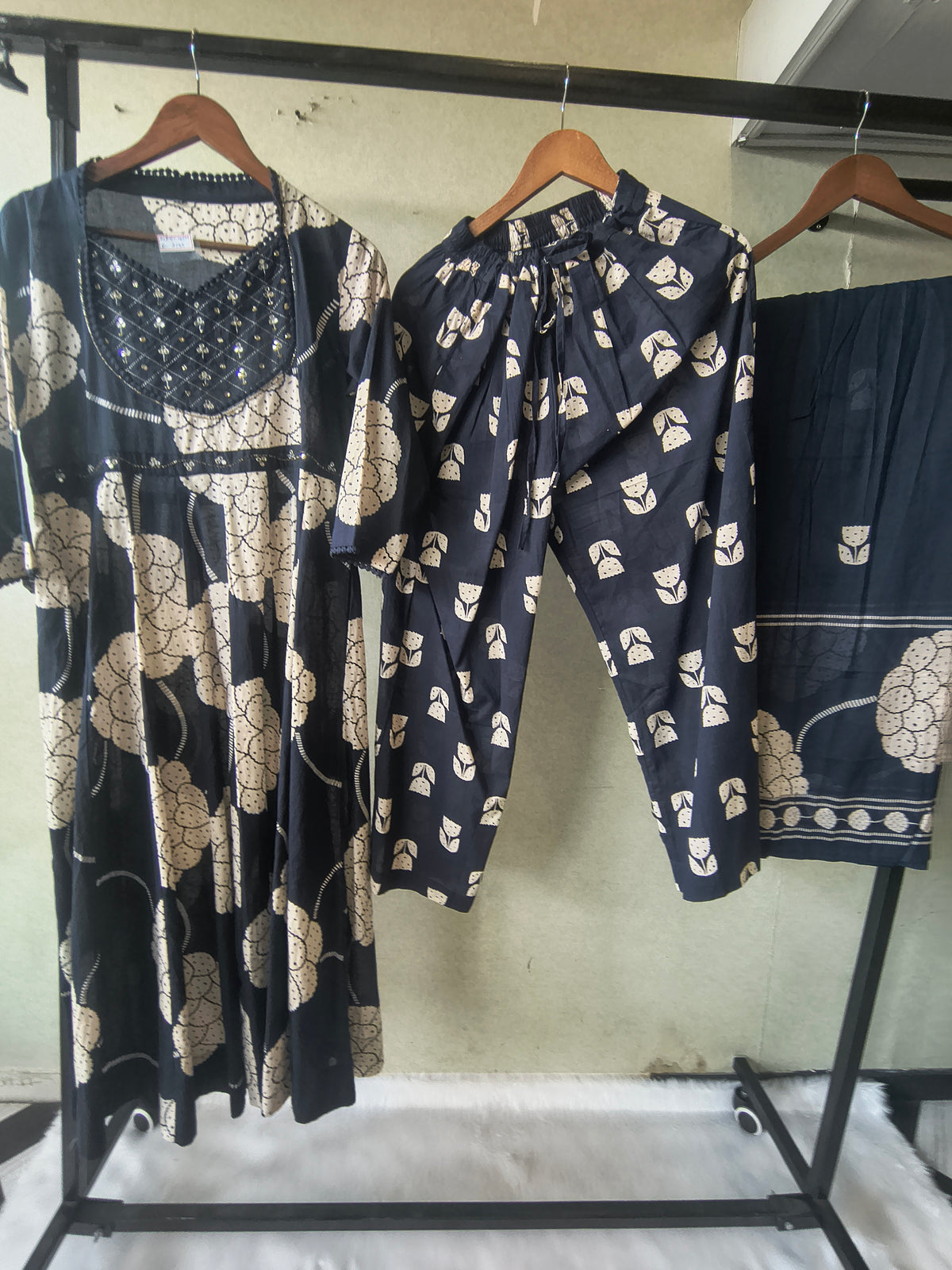 Premium Navy Blue Handblock Printed Cotton Anarkali Suit Set with Printed Pants & Dupatta