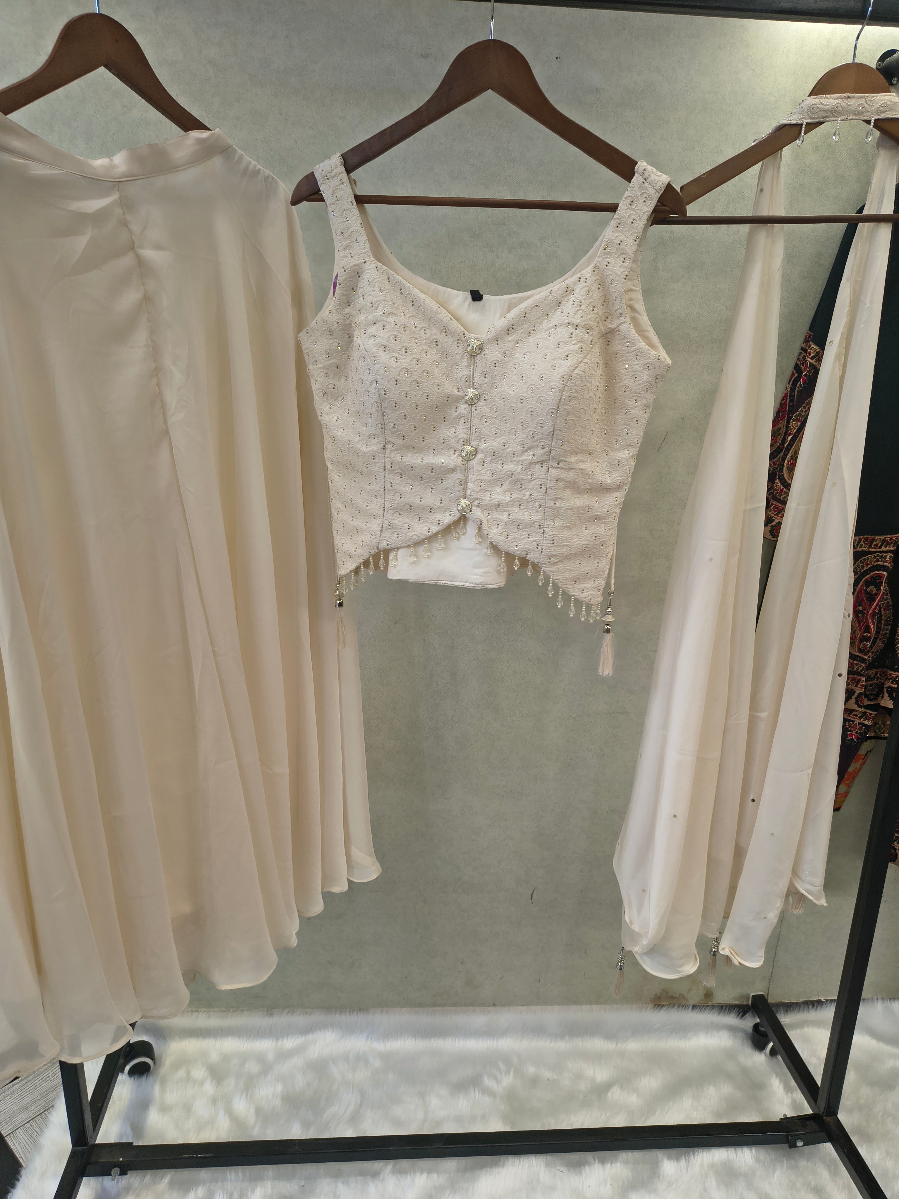 Image of Ivory Embroidered Designer Blouse with Flared Palazzo & Choker Dupatta – 3 Piece Indo-Western Festive Set