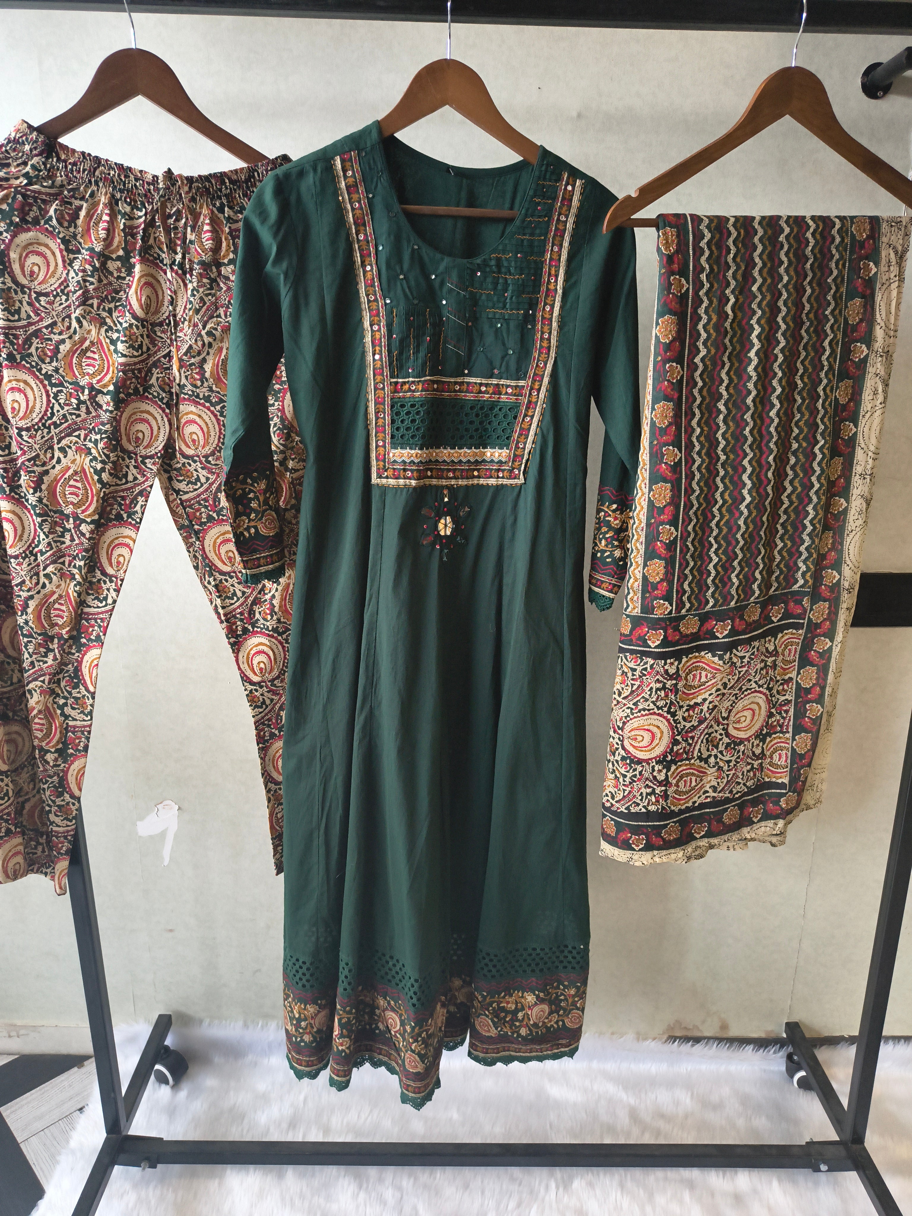 Image of Emerald Green Embroidered Three-Piece Kurta Set with Printed Pant & Designer Dupatta