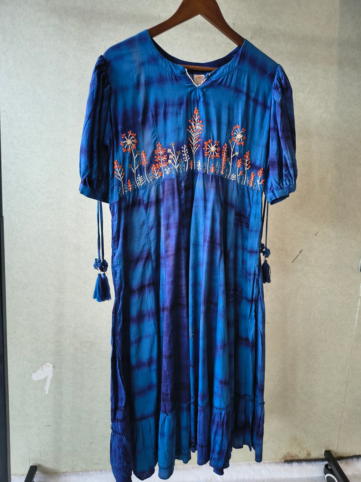 Premium Indigo Tie-Dye Embroidered Cotton Flared Dress
