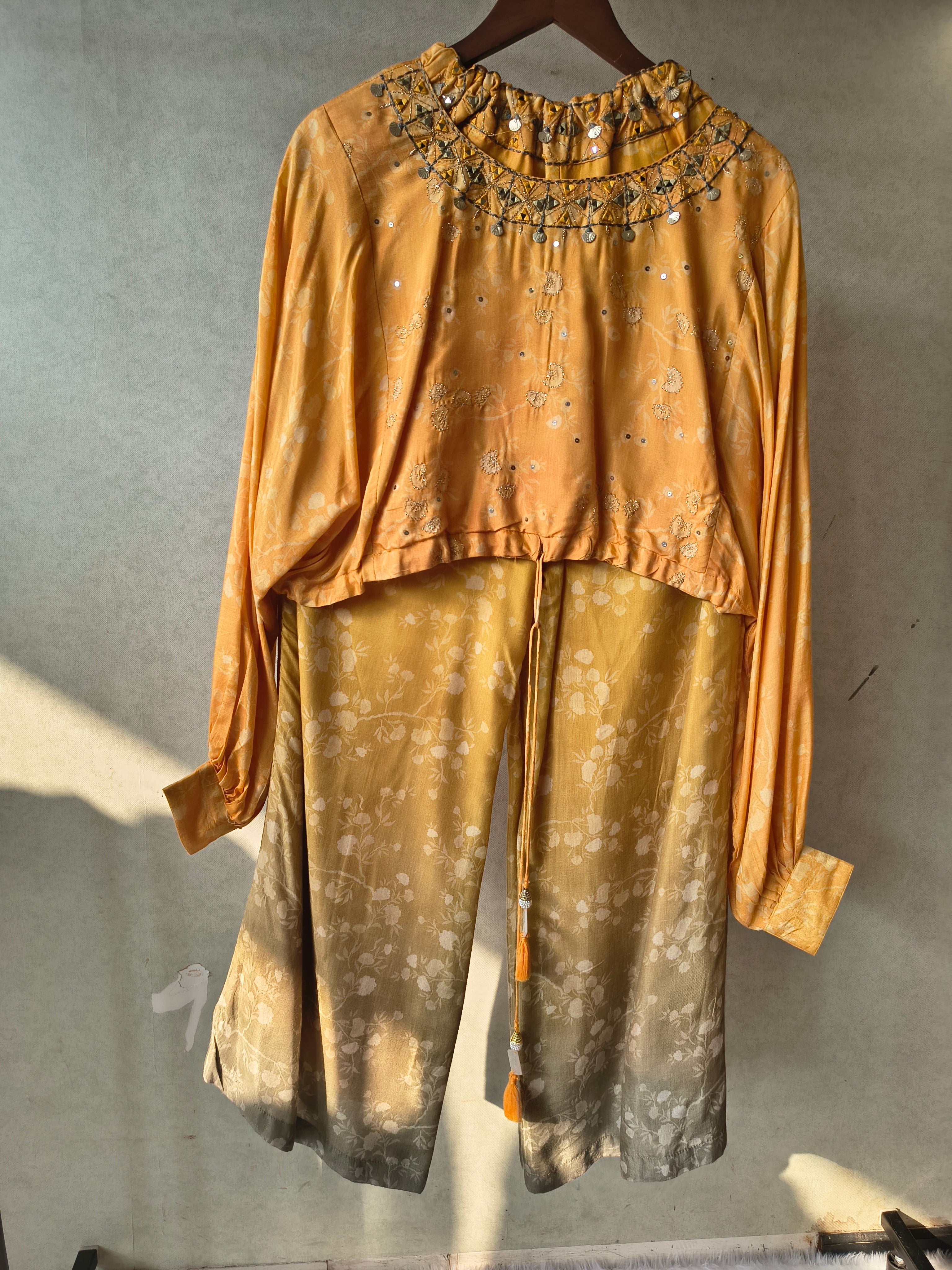 Image of Premium Sunset Ombre Embellished Crop Top & Wide-Leg Palazzo Co-Ord Set
