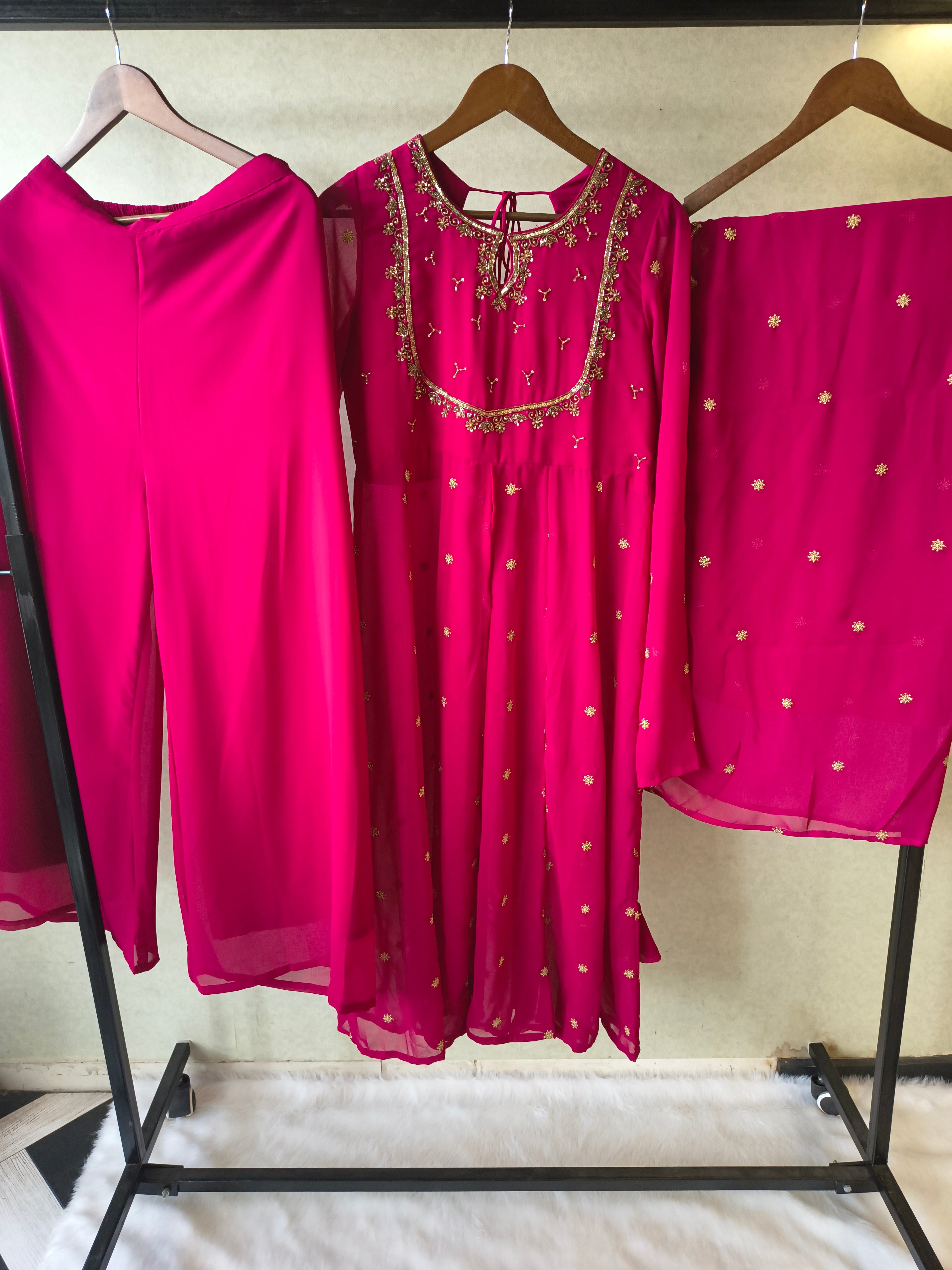 Image of Premium Fuchsia Pink Embroidered Kurta with Sharara & Embellished Dupatta Set