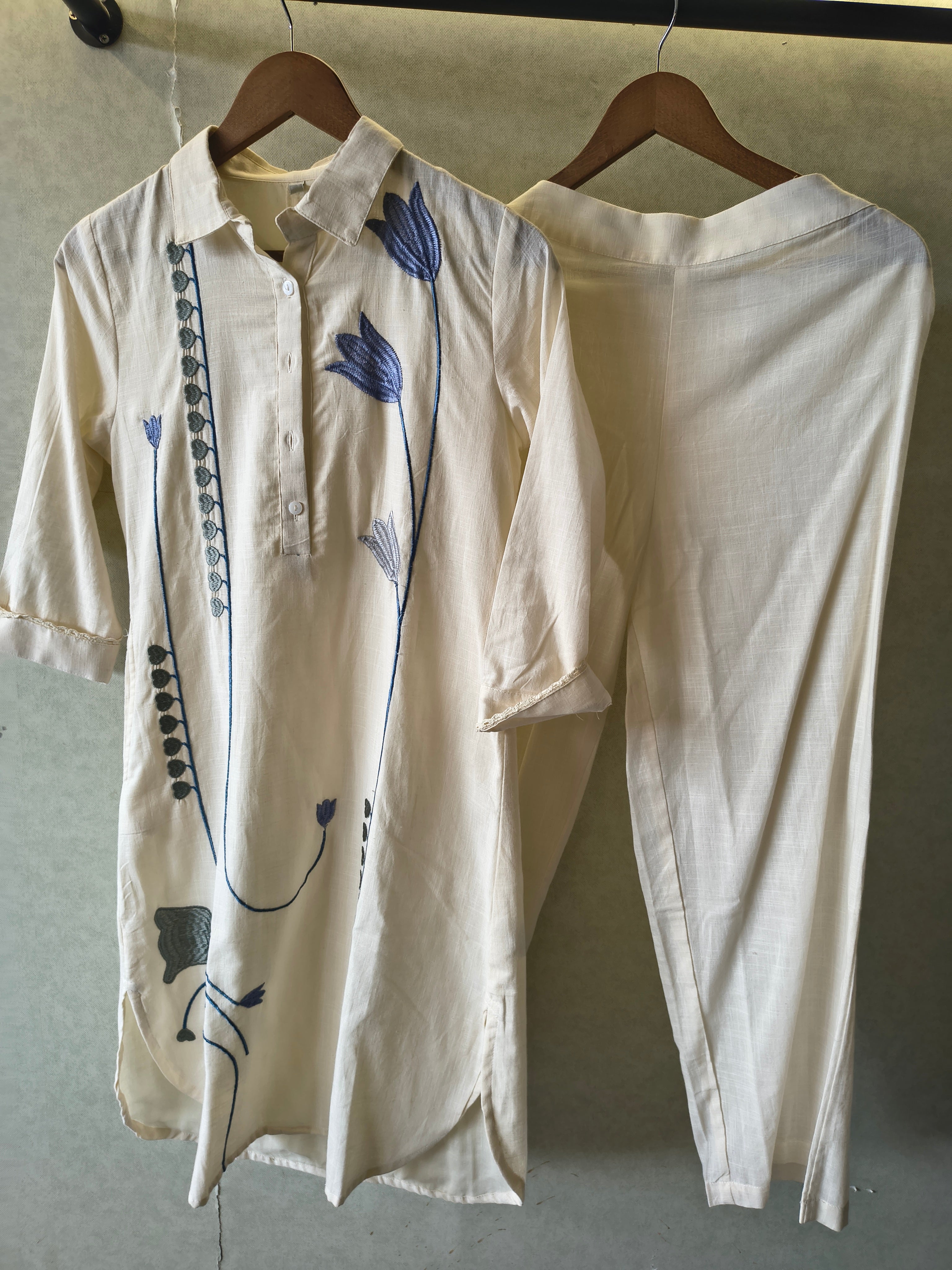 Image of Ivory Botanical Embroidered Cotton Co-Ord Set
