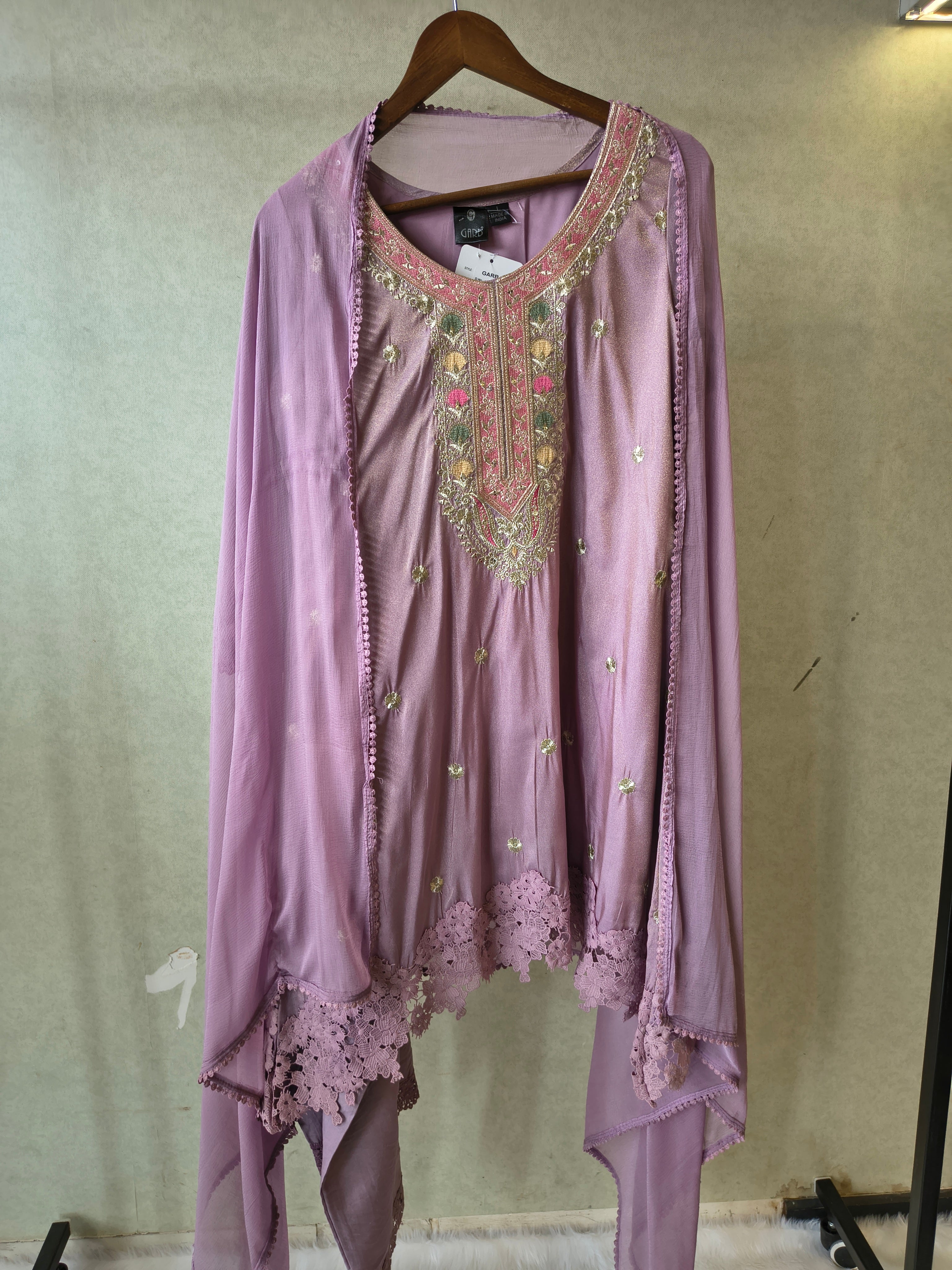 Image of Premium Dusty Lilac Embroidered Kurta Set with Lace Hem & Dupatta