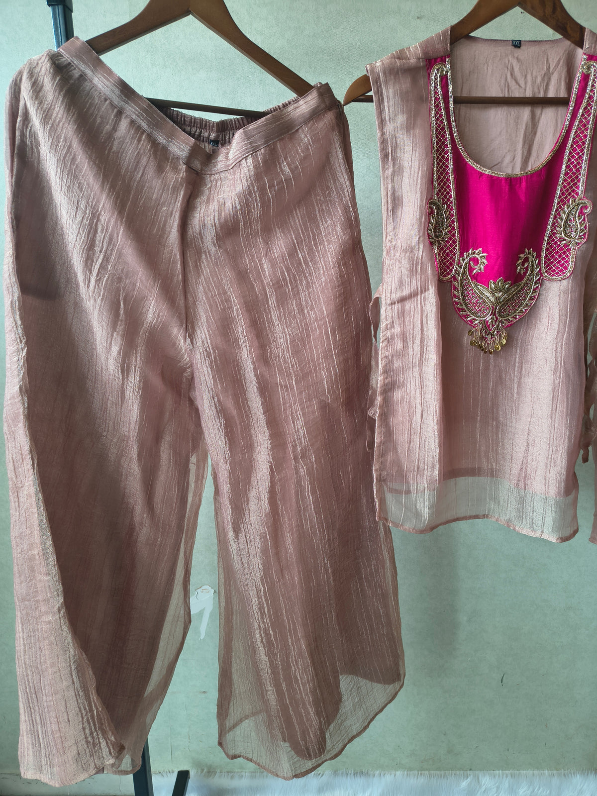 Premium Rose Gold Tissue Silk 3-Piece Co-Ord Set with Hand Embellished Jacket, Inner & Palazzo