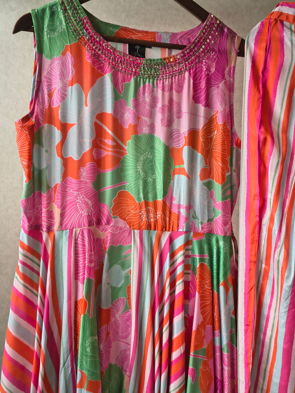Premium Tropical Floral Handkerchief Kurta with Striped Tapered Pants Co-Ord Set
