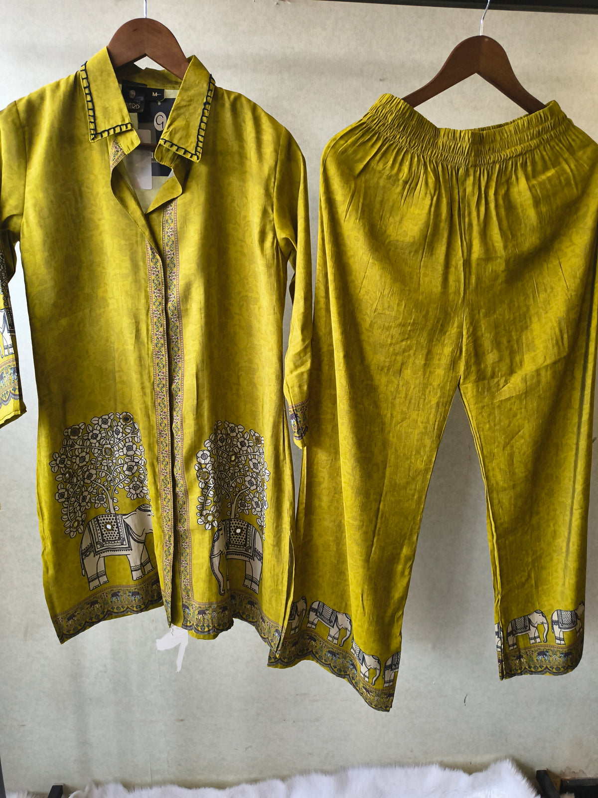 Mustard Yellow Elephant Print Designer Co-Ord Set with Asymmetrical Hem