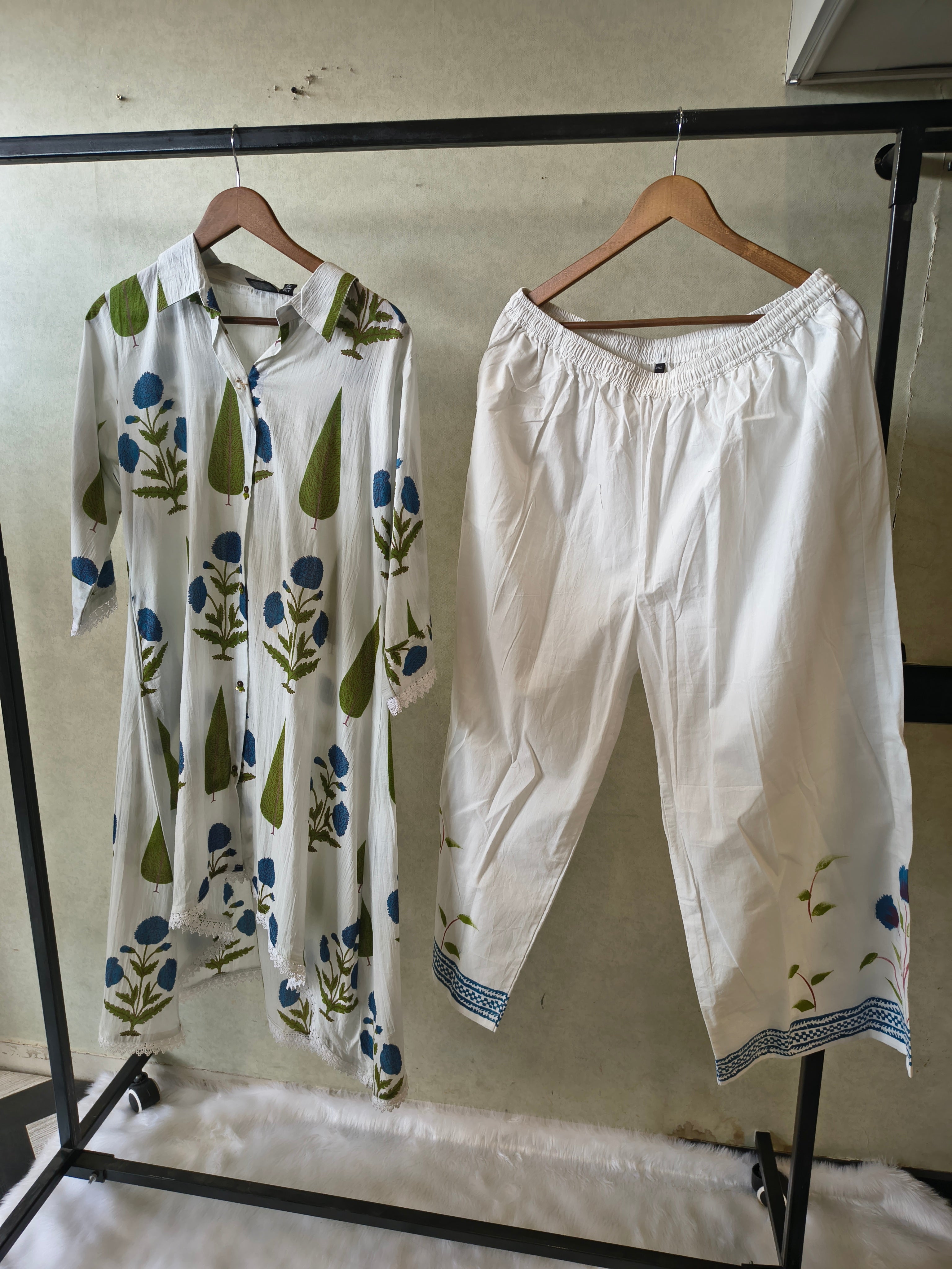 Image of Premium White Botanical Printed High-Low Kurta Set with Designer Pants
