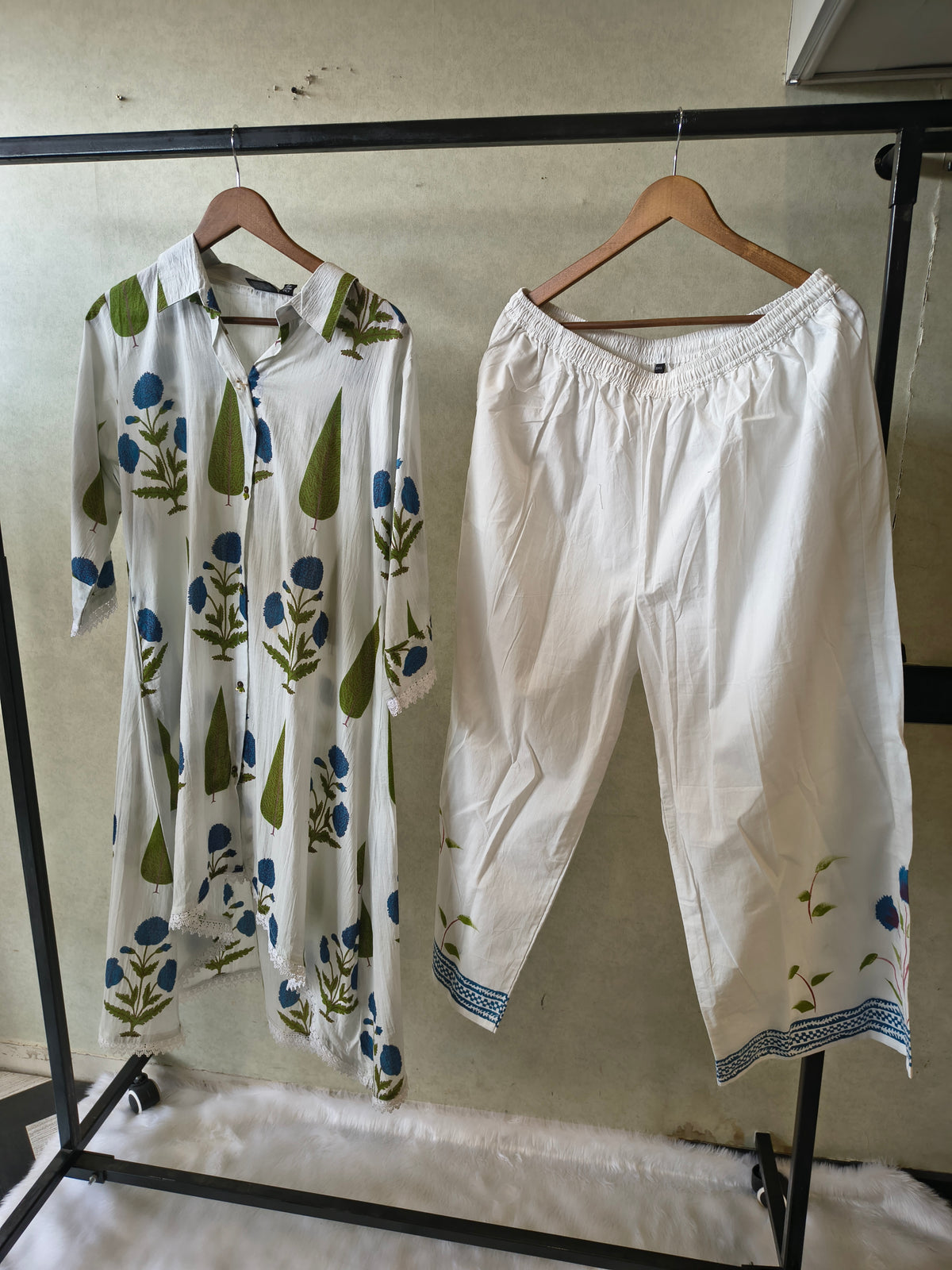 Premium White Botanical Printed High-Low Kurta Set with Designer Pants