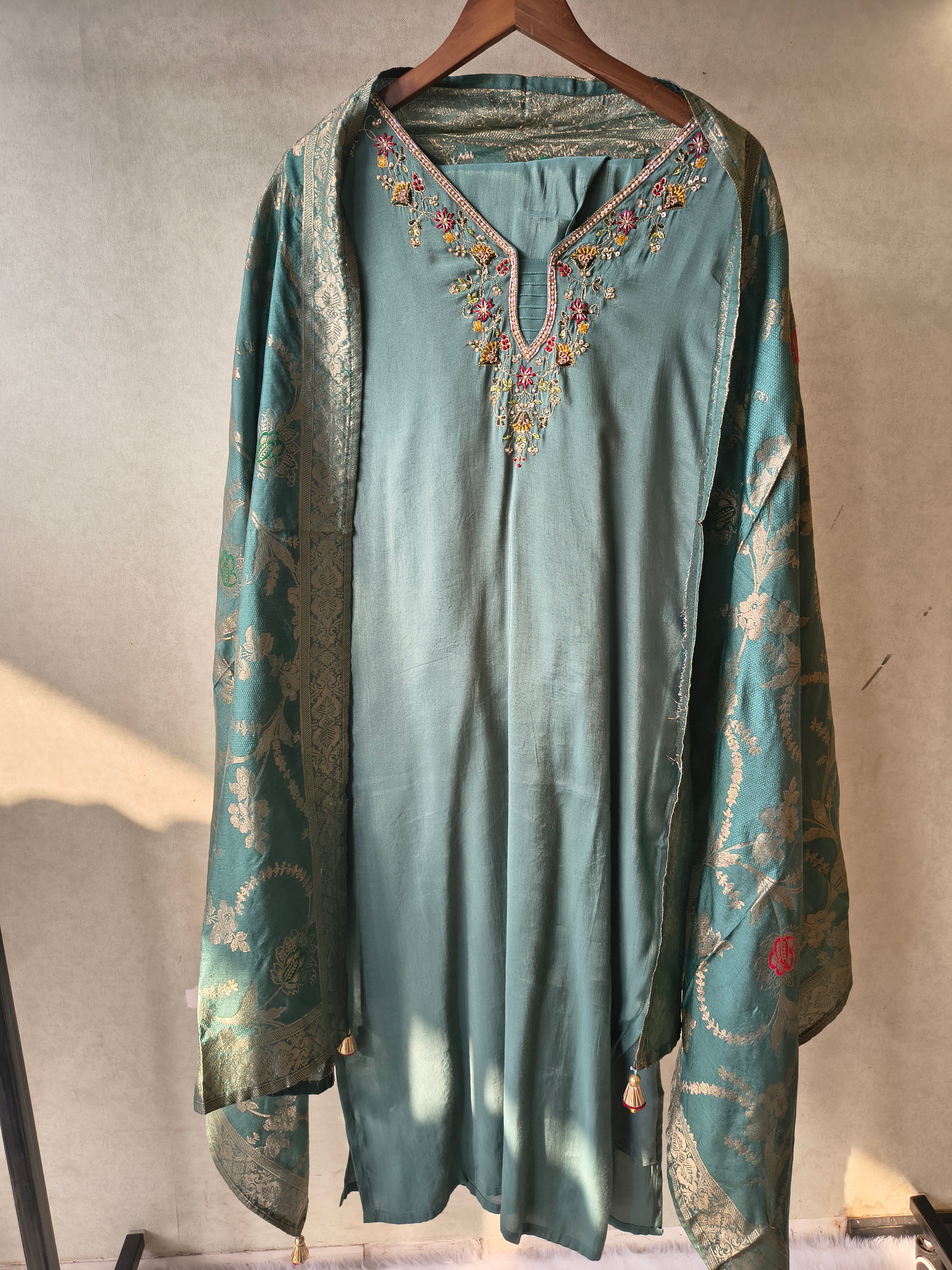 Image of Premium Teal Silk Blend Embroidered Kurta Set with Woven Dupatta & Straight Pants