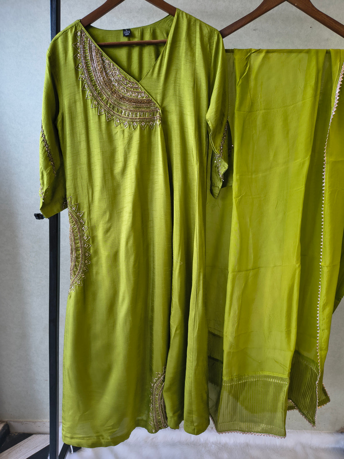 Lime Green Hand-Embroidered Designer Kurta Set with Organza Dupatta | Premium 3 Piece Ethnic Suit