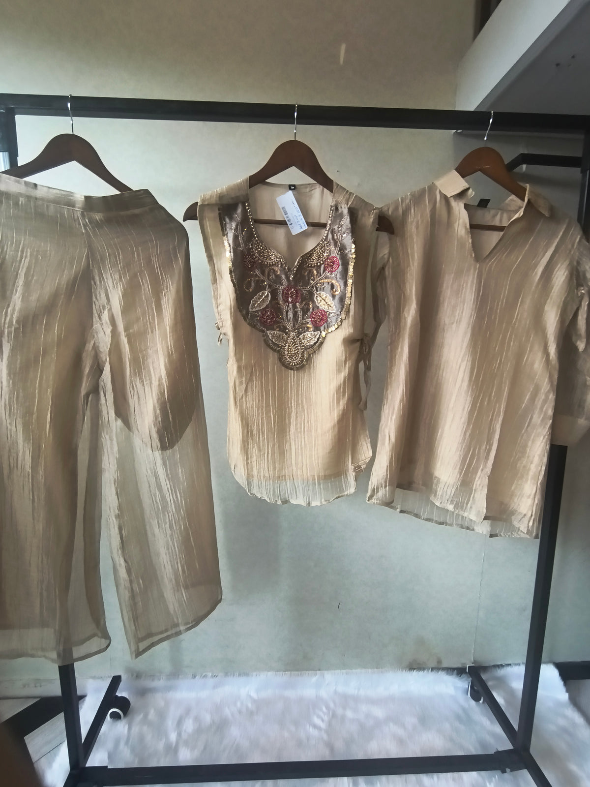 Premium Champagne Tissue Silk Embroidered Kurta with Hand Embellished Statement Yoke