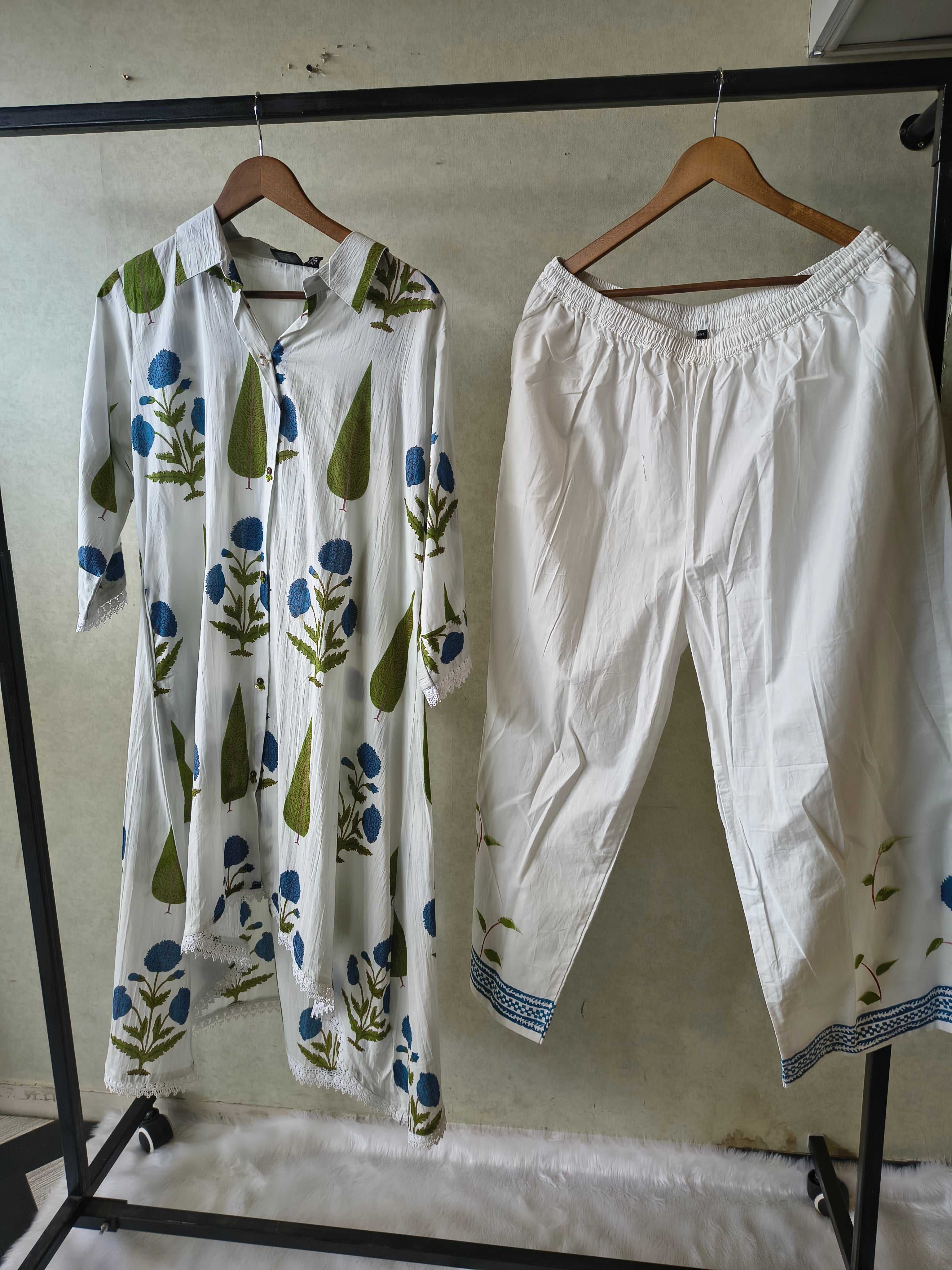 Image of Premium White Botanical Printed High-Low Kurta Set with Designer Pants