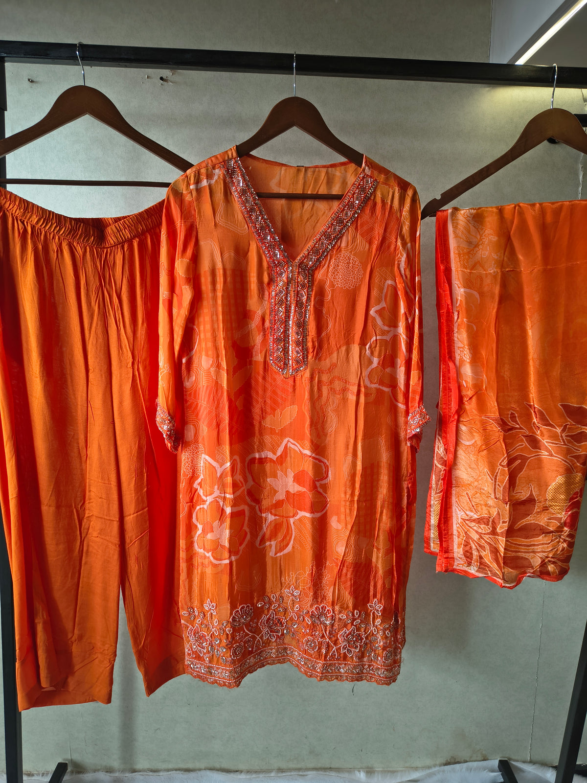 Burnt Orange Printed Silk Blend Kurta Set with Embellished Neckline & Floral Border – Premium 3 Piece Ethnic Ensemble
