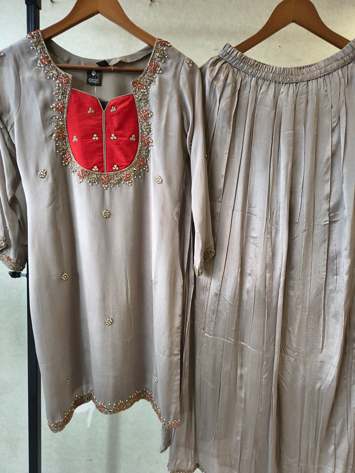 Pearl Grey Embellished Straight Kurta Set with Handcrafted Neckline, Wide Palazzo & Chiffon Dupatta | Premium 3 Piece Festive Ensemble