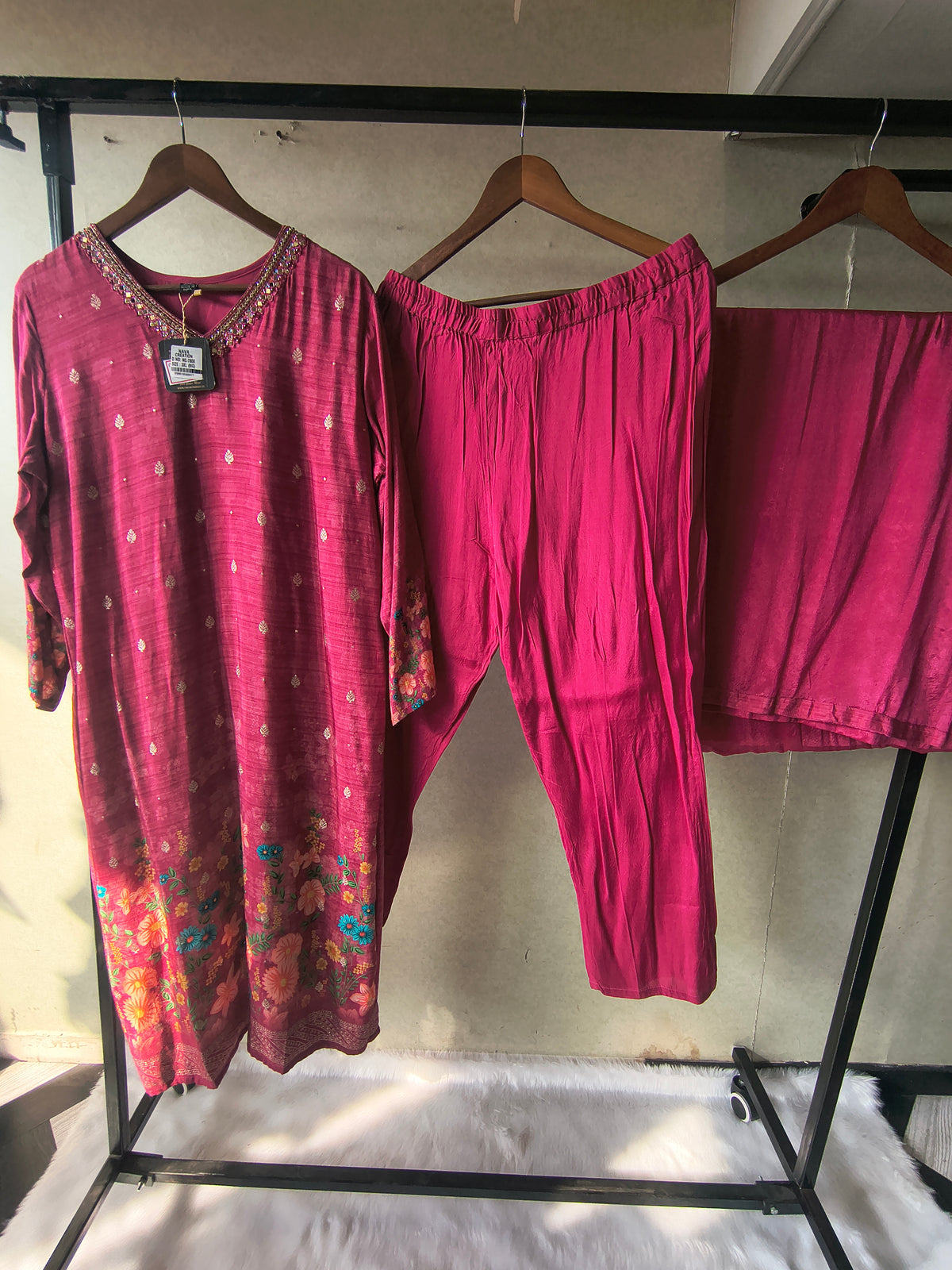 Premium Magenta Floral Printed Kurta Set with Solid Pants & Dupatta