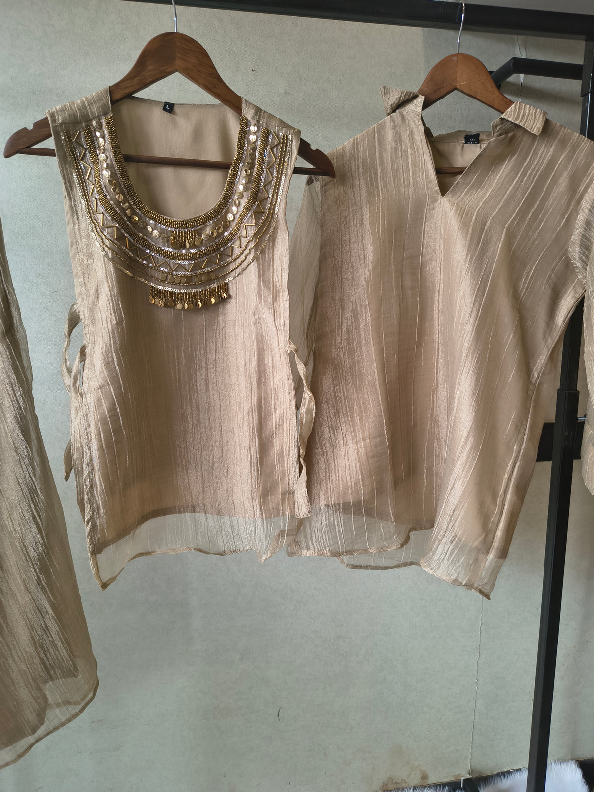 Premium Champagne Tissue Silk 3-Piece Co-Ord Set with Statement Hand Embellished Jacket, Inner & Palazzo
