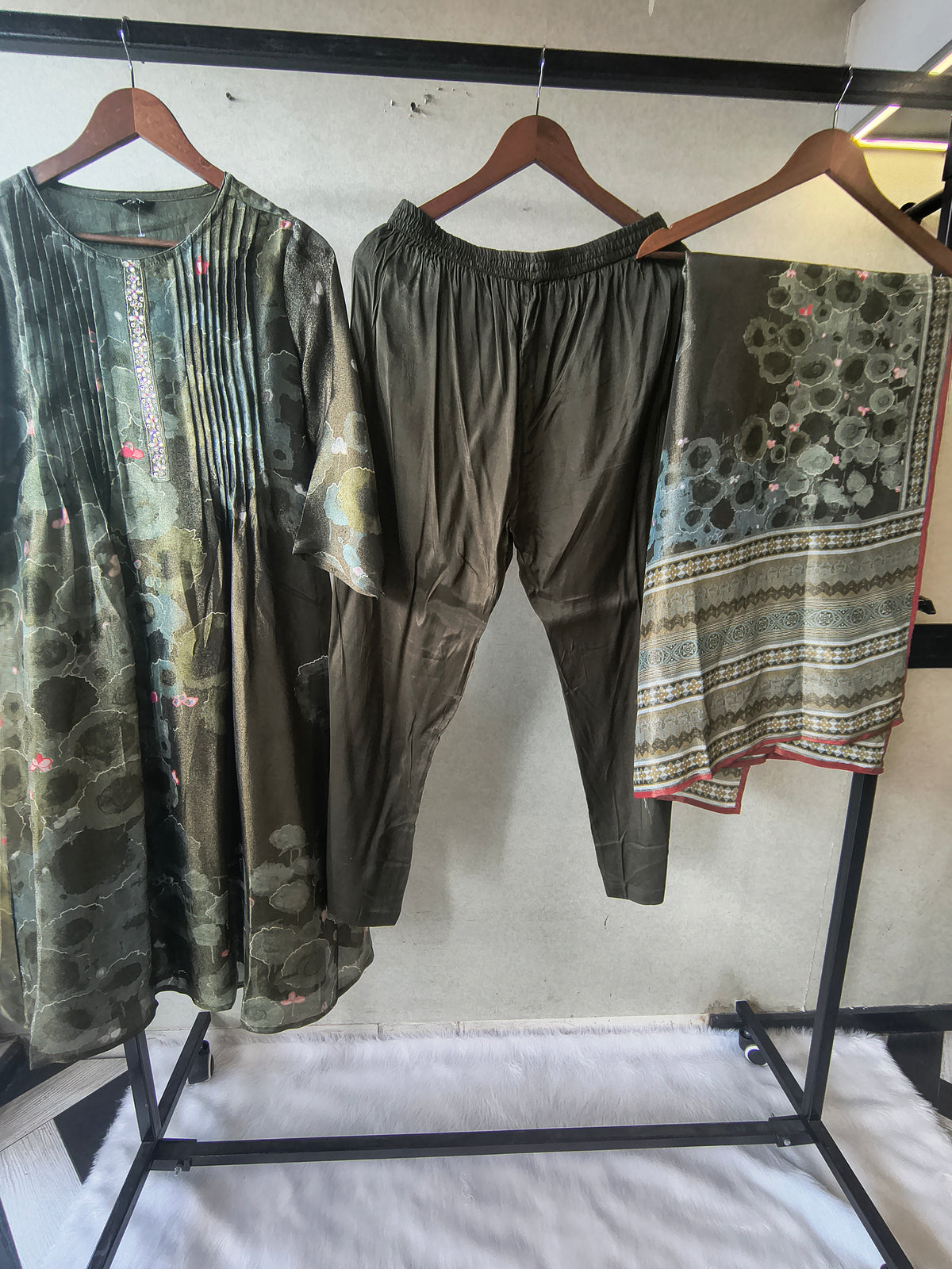 Premium Olive Green Abstract Printed A-Line Kurta Set with Dupatta