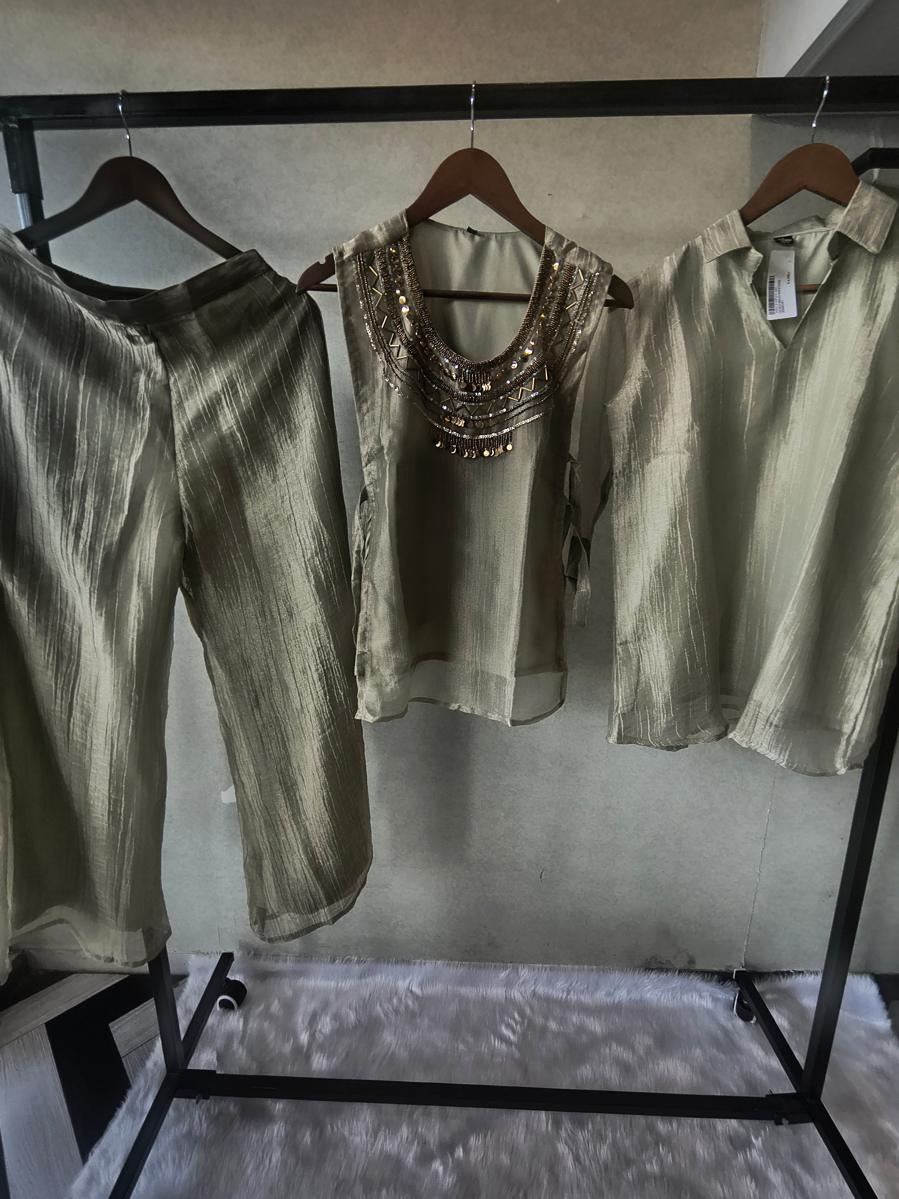 Image of Premium Sage Grey Tissue Silk 3-Piece Co-Ord Set with Antique Hand Embellished Jacket, Inner & Palazzo