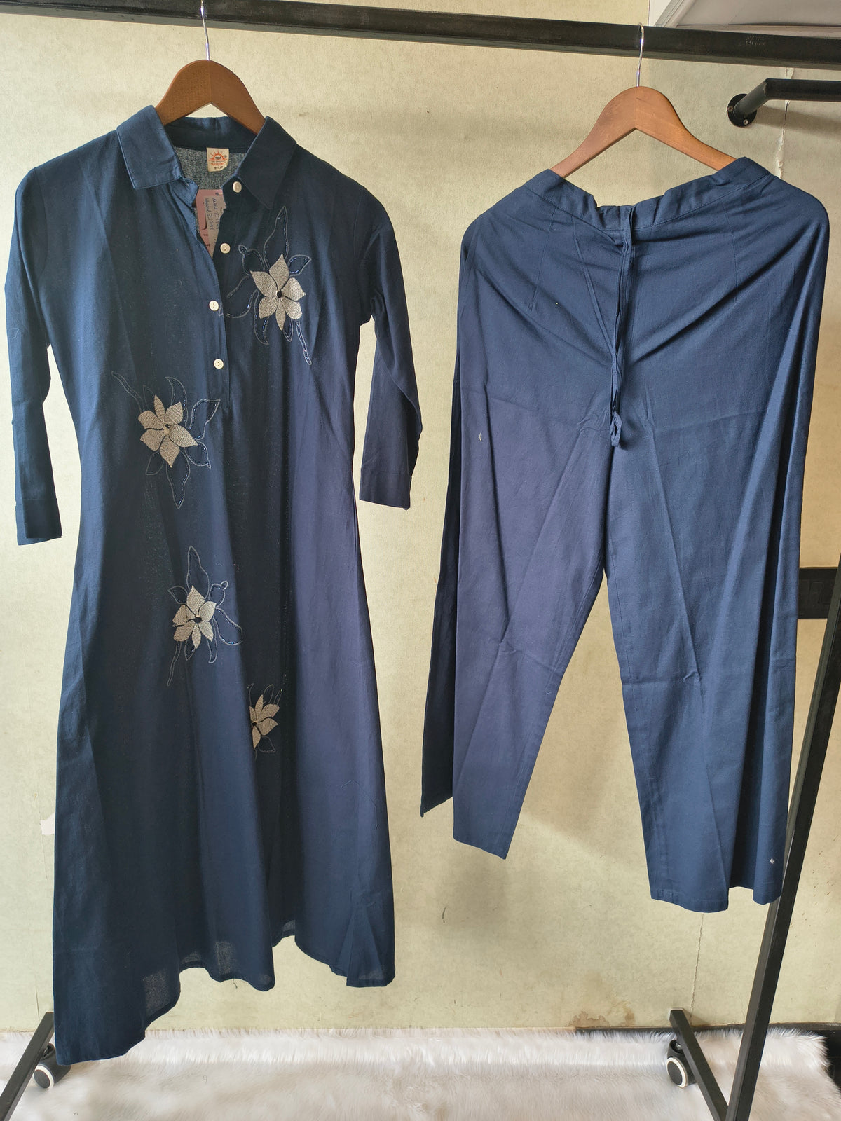 Tadko Premium Navy Blue A-Line Kurta Set with Floral Appliqué Embroidery & Straight Pants