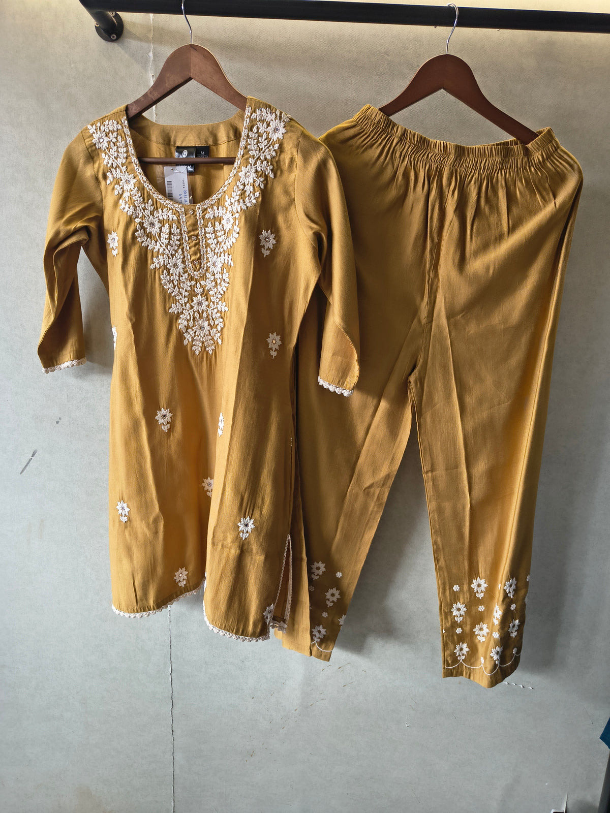 Mustard Yellow White Embroidered Premium Kurta Pant Co-Ord Set