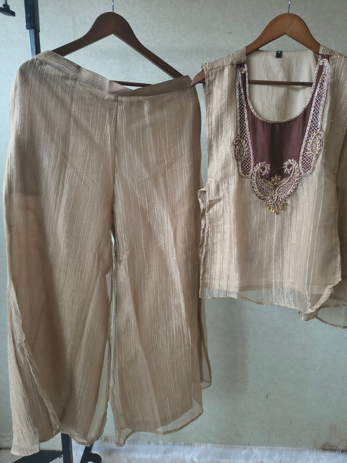 Premium Taupe Tissue Silk 3-Piece Co-Ord Set with Antique Embroidered Jacket, Inner & Palazzo