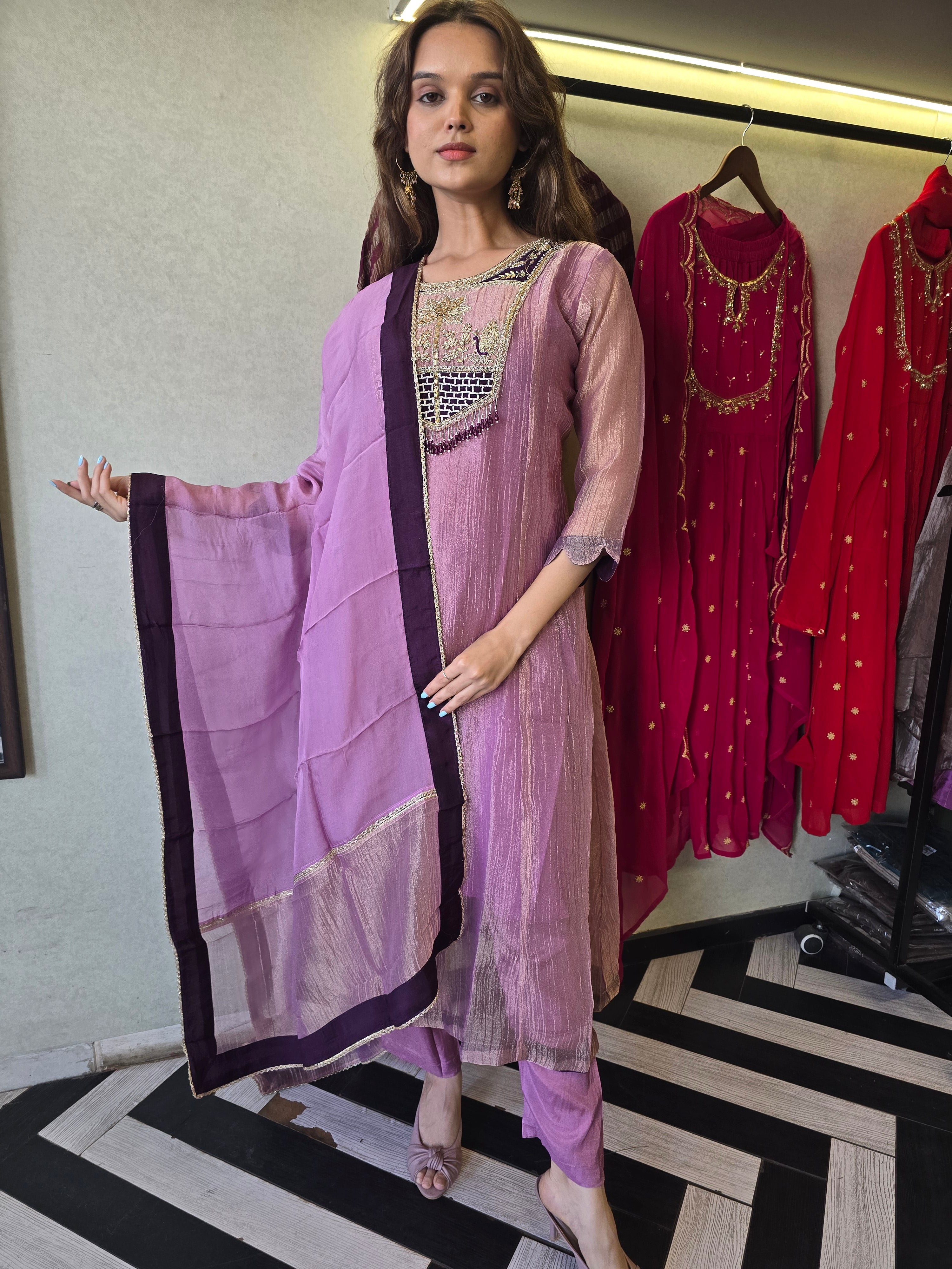 Image of Pure Soft Tissue Anarkali Kurti Set