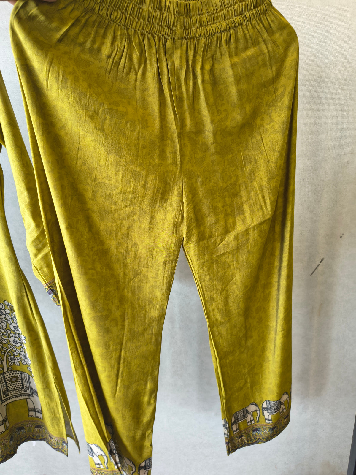 Mustard Yellow Elephant Print Designer Co-Ord Set with Asymmetrical Hem