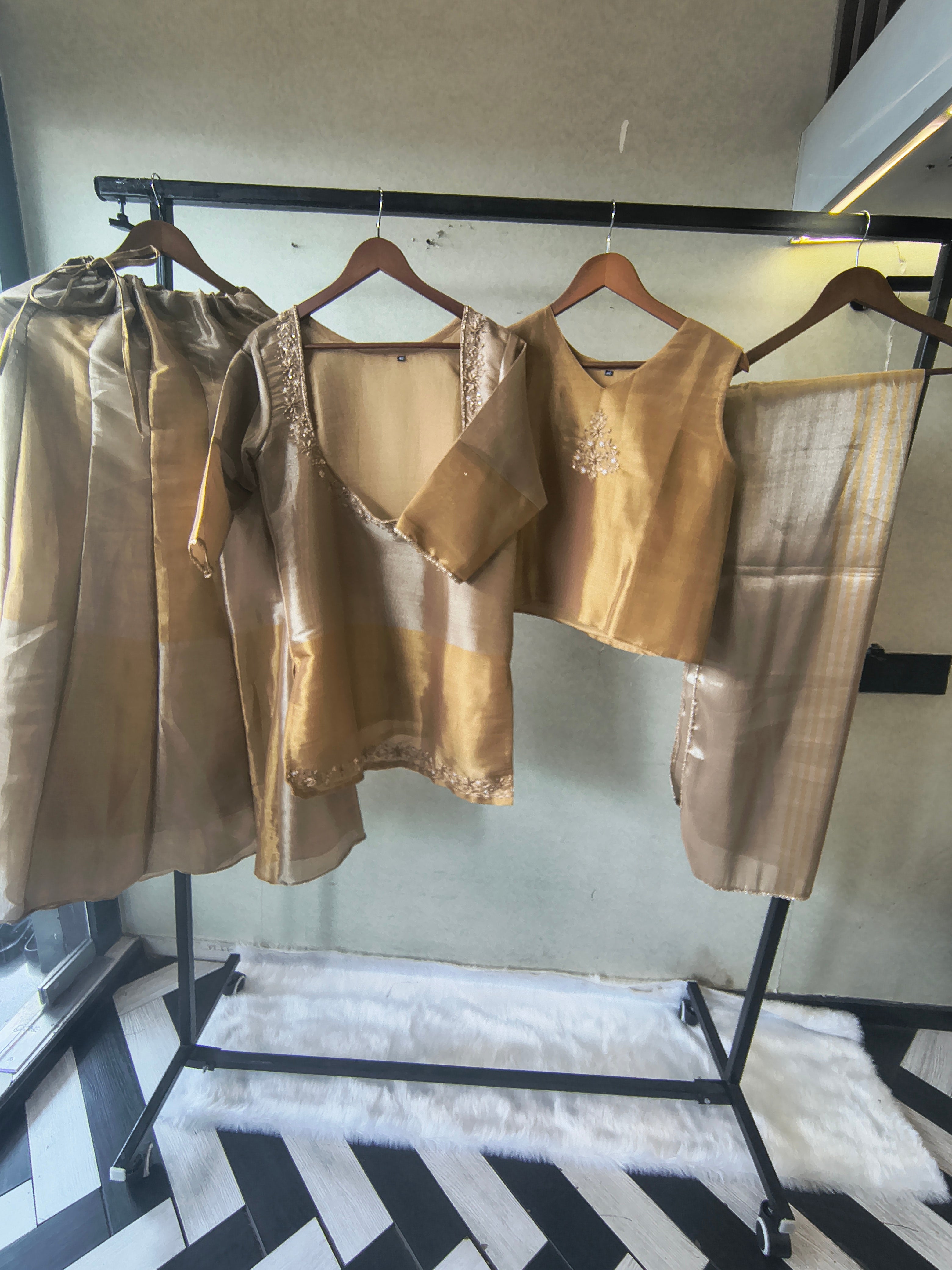 Image of Champagne Gold Tissue Silk Embroidered Layered Kurta with Inner, Palazzo & Woven Dupatta – 4 Piece Designer Festive Set