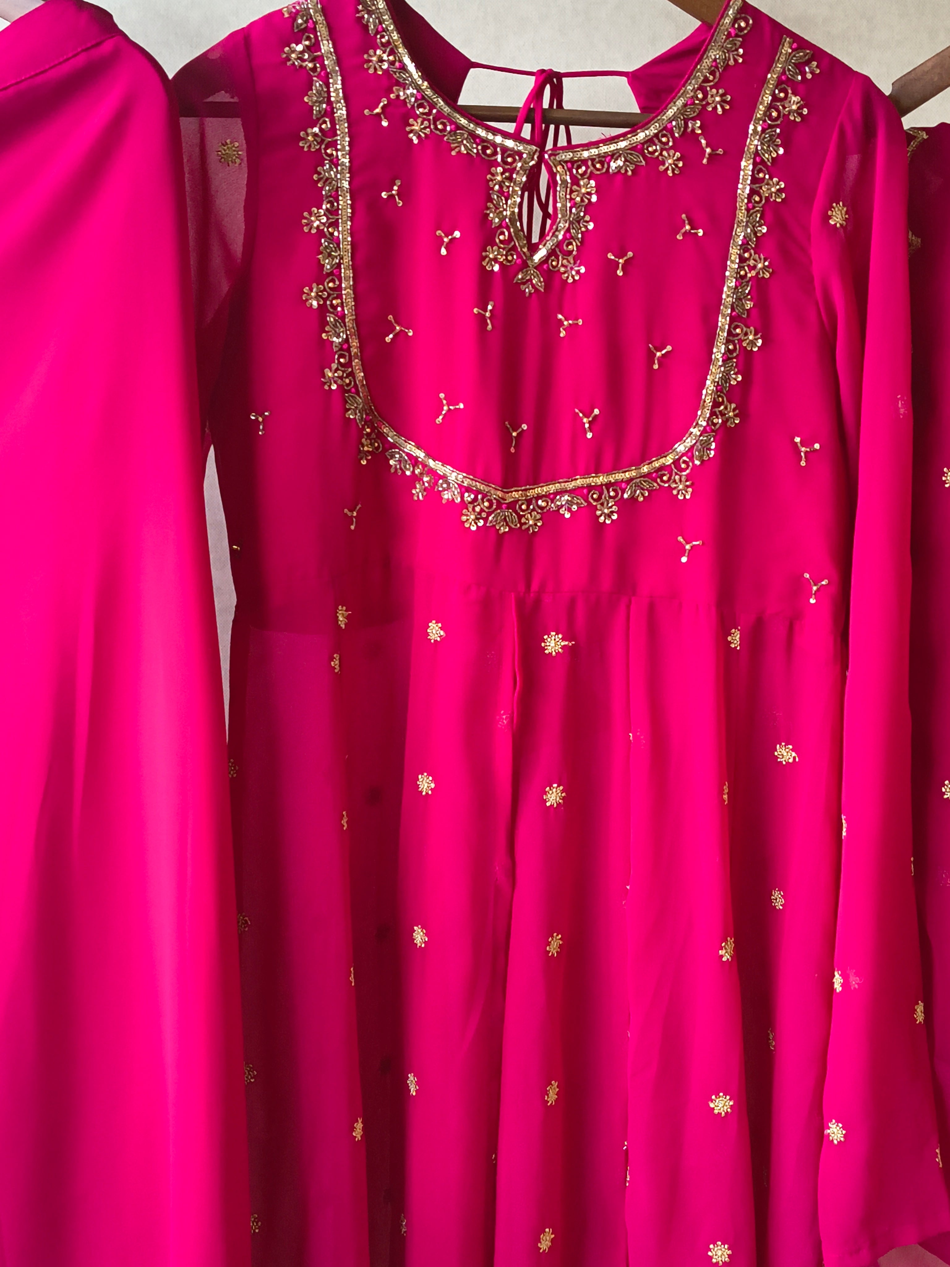 Image of Premium Fuchsia Pink Embroidered Kurta with Sharara & Embellished Dupatta Set